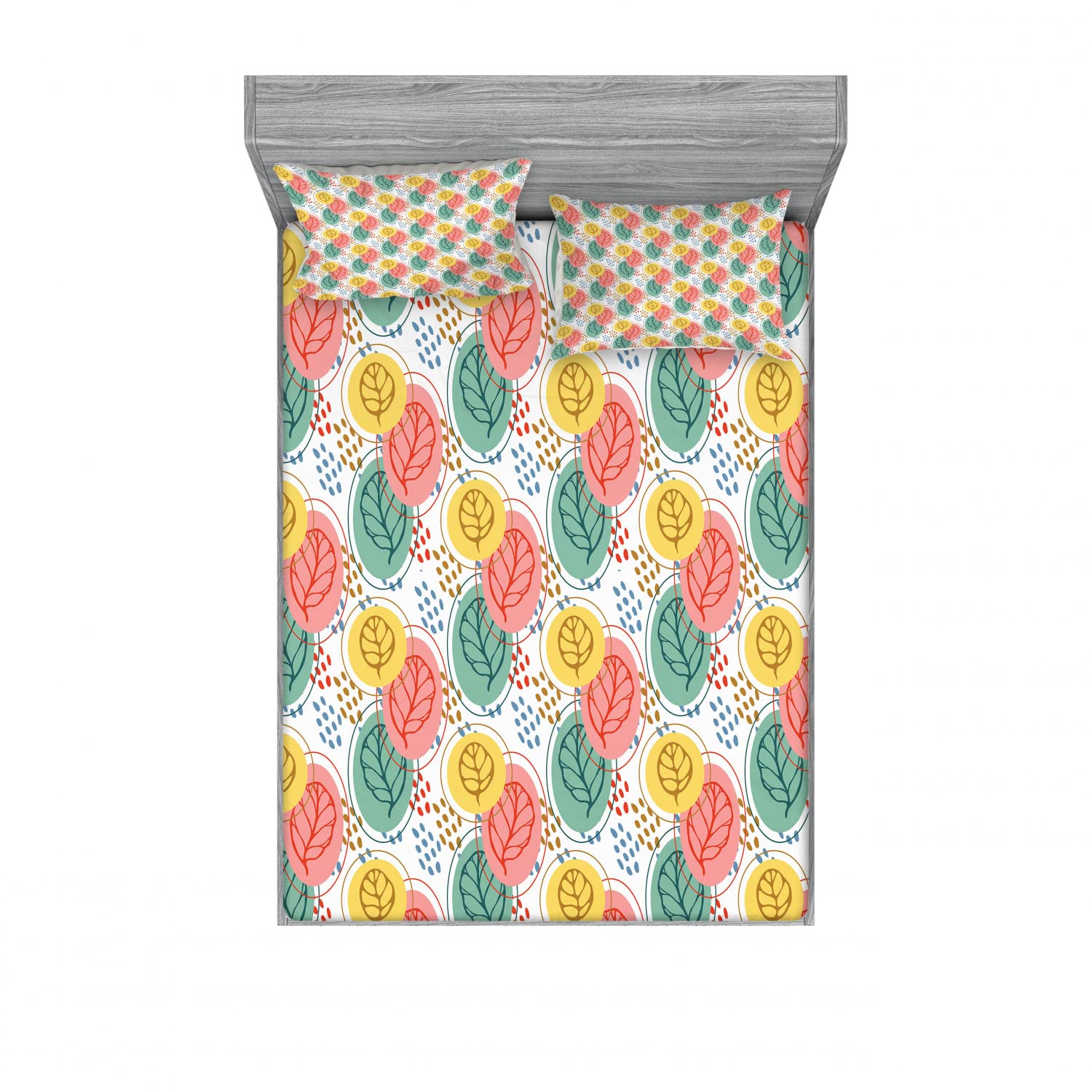 Ambesonne 2-Pack Fitted Sheet & Pillow Sham Set - Pastel Botanical Leaves on White Background, 4-Piece Bedding Set (2 Twin XL Fitted Sheets & 4 Standard Pillow Cases) for Dorm Room, Guest Bed, or Kids' Bedroom Decor