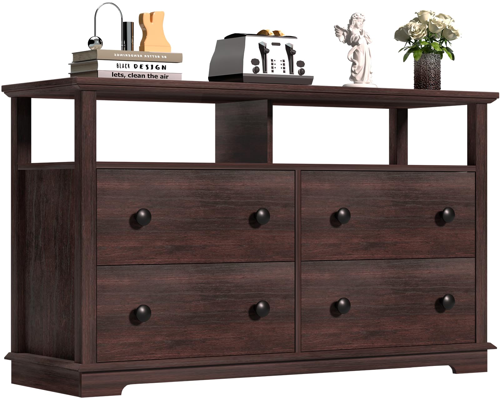 HIFYOBRO 4-Drawer Wooden Dresser with Open Storage - Espresso Finish, Wide Closet Organizer, TV Stand for Living Room, Nursery, Bedroom & Entryway | Perfect for Home Storage, Baby Clothes Organization & Entertainment Center Setup