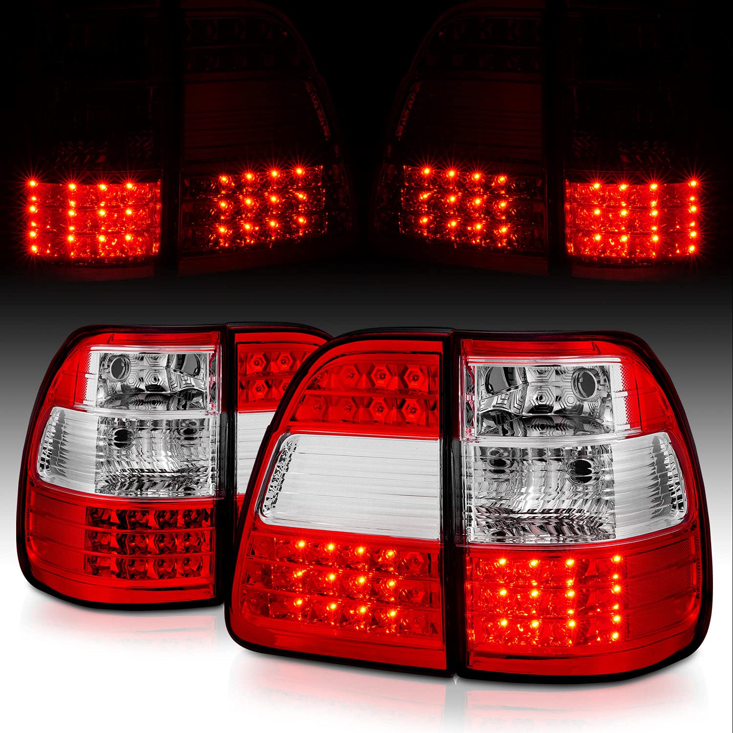 AmeriLite Red/Clear LED Brake Tail Lights Replacement Set for 1998-2005 Toyota Land Cruiser - Left & Right Side - Durable & Bright LED Lights for Enhanced Safety & Style - Perfect for Off-Road Adventures & Night Driving