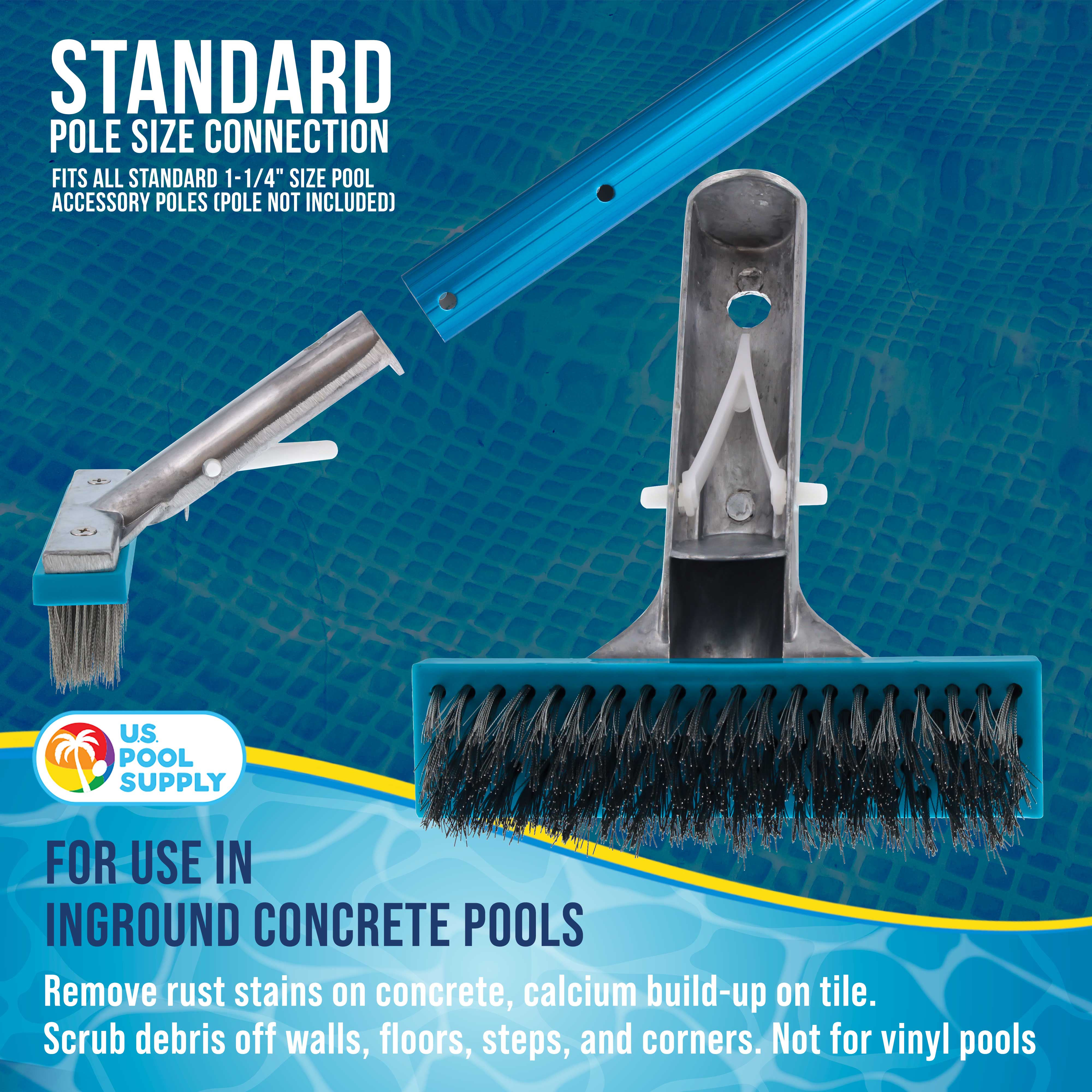 5 Stainless Steel Wire Bristle Pool Brush with HD Aluminum Pole Handle - Heavy Duty Pool Cleaning Tool for Removing Rust Stains on Concrete & Calcium Buildup on Tiles - Perfect for In-Ground & Above Ground Pools