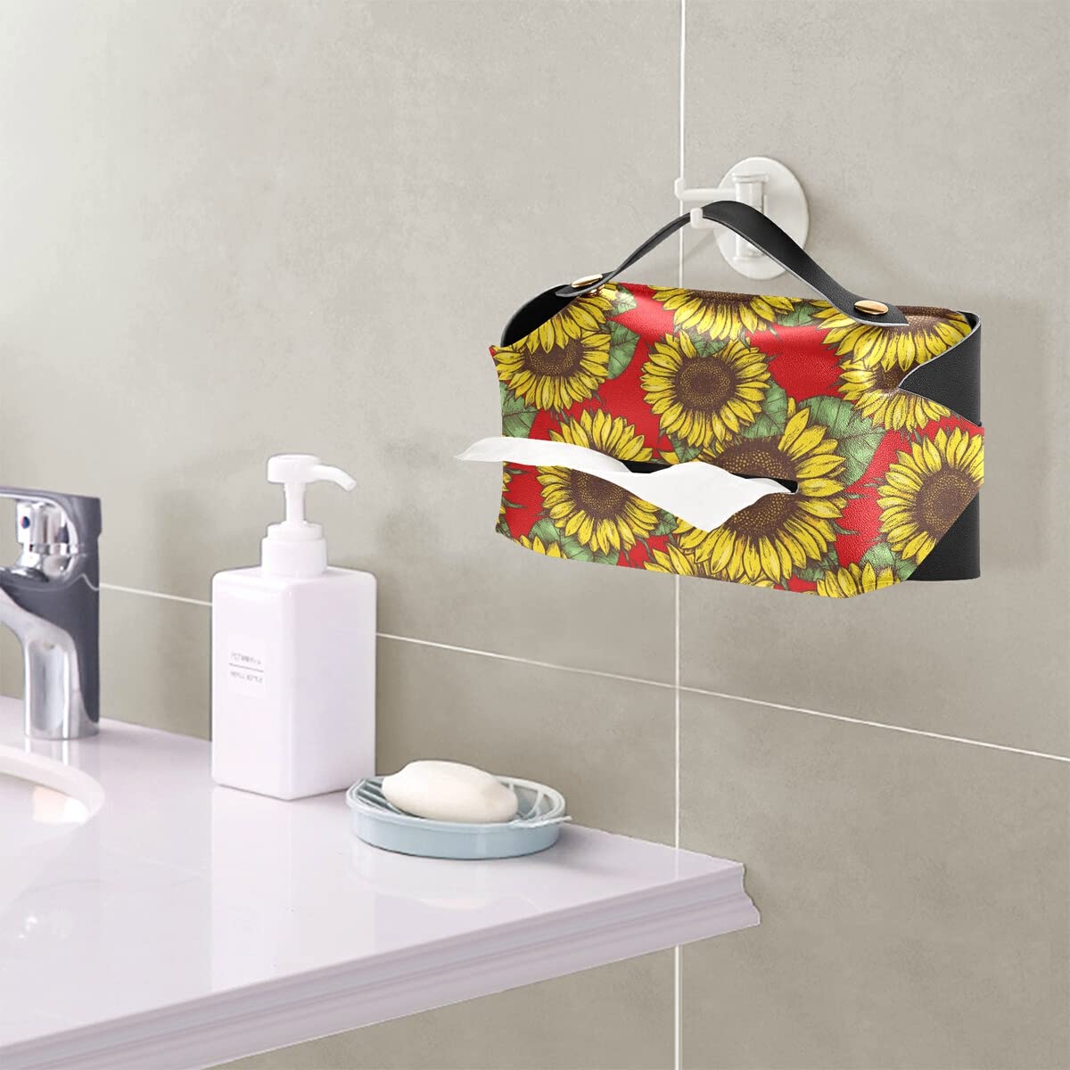 Sunflower Red PU Leather Tissue Box Holder - Rectangle Facial Tissue Dispenser with Hanging Loop for Countertops & Nightstands | Perfect for Living Rooms, Bathrooms & Office Desks