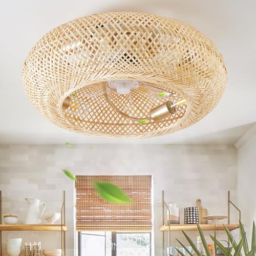 Boho/Rattan/Caged Ceiling Fan with Lights Flush Mount