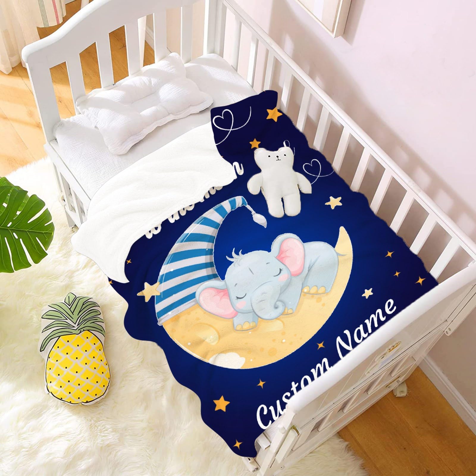 Personalized Baby Blankets for Boys & Girls - Custom Name Embroidered Fleece Blanket with Moon & Star Elephant Design - Soft Cozy Newborn Throw Blanket for Crib, Stroller & Nursery - Perfect Baby Shower Gift
