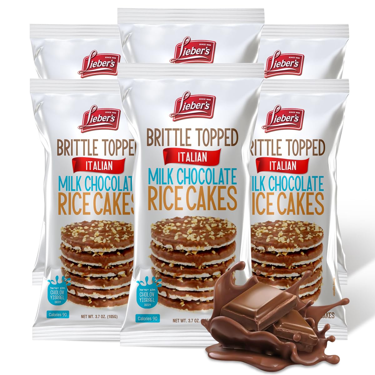 LIEBERS Thin Chocolate Rice Cakes - Kosher Certified, Dairy & Dairy-Free Options, Gluten-Free Snack (6-Pack, Brittle Topped Milk Chocolate) - Perfect for Healthy Snacking, Lunch Boxes & On-the-Go Treats