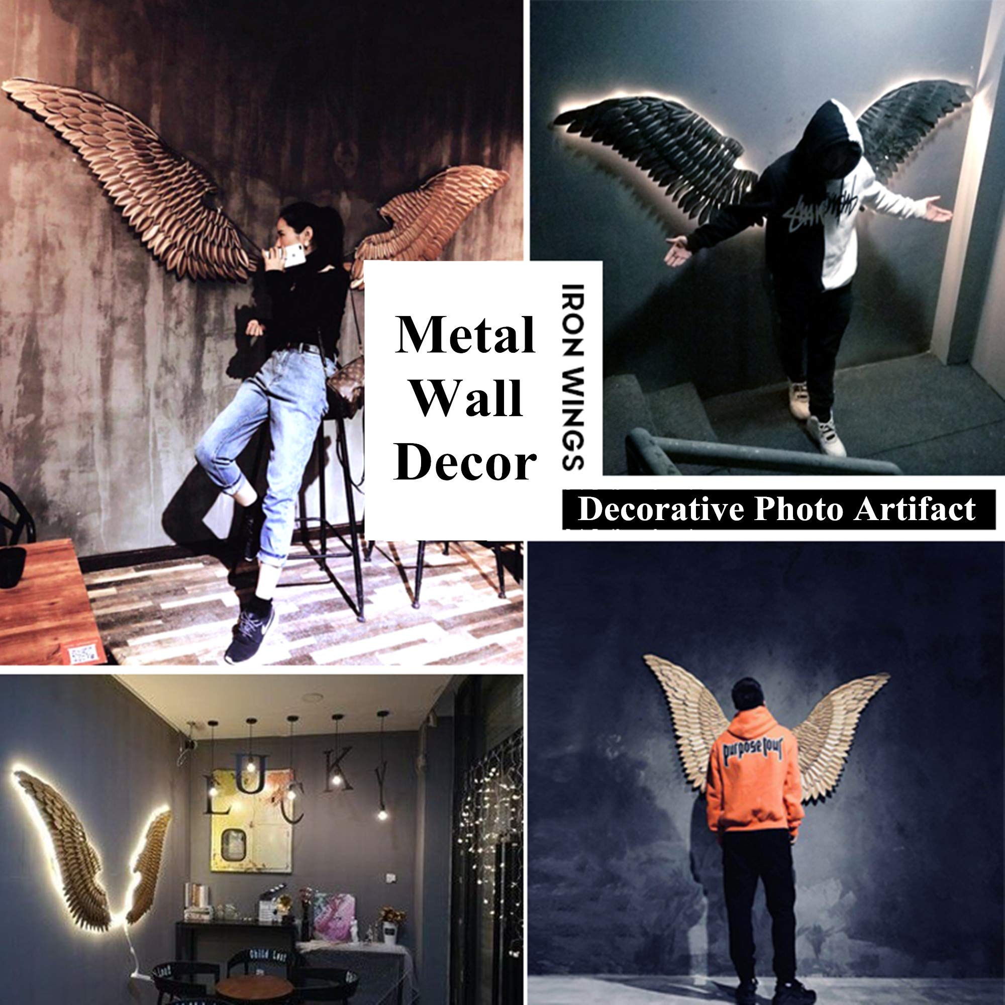 3D LED Angel Wing Metal Wall Art - Gold Wrought Iron Sculpture with Neon Lights for Beer Bar, Wedding, Party & Christmas Decor (110x100cm) - Perfect for Home, Restaurant, and Event Wall Decoration