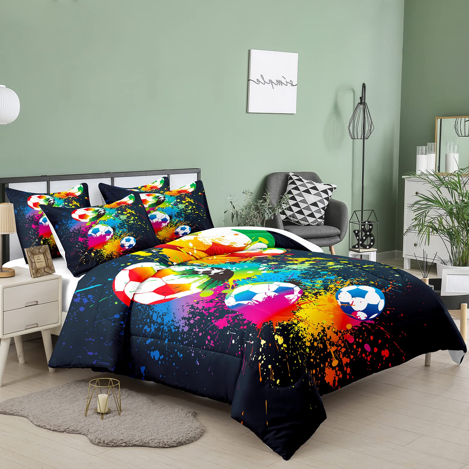Boys Soccer Comforter Set King - Sports Bedding for Teens & Kids with Pillowcases - Perfect for Bedrooms & Dorms