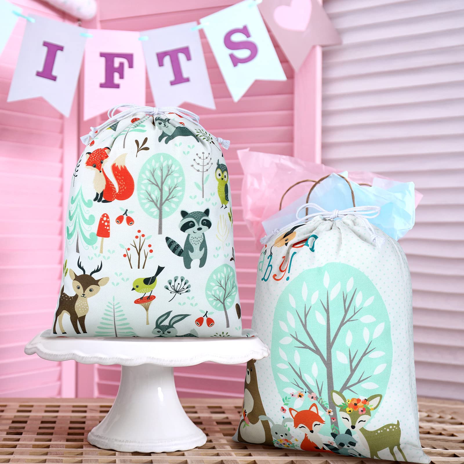 Shappy 2 Pack Reusable Woodland Animal Drawstring Gift Bags - 15.75 x 11.81 Inch Large Fabric Gift Wrap for Baby Showers, Birthday Parties, Gender Reveals & Jewelry Gifts - Eco-Friendly Party Favor Bags for Special Occasions