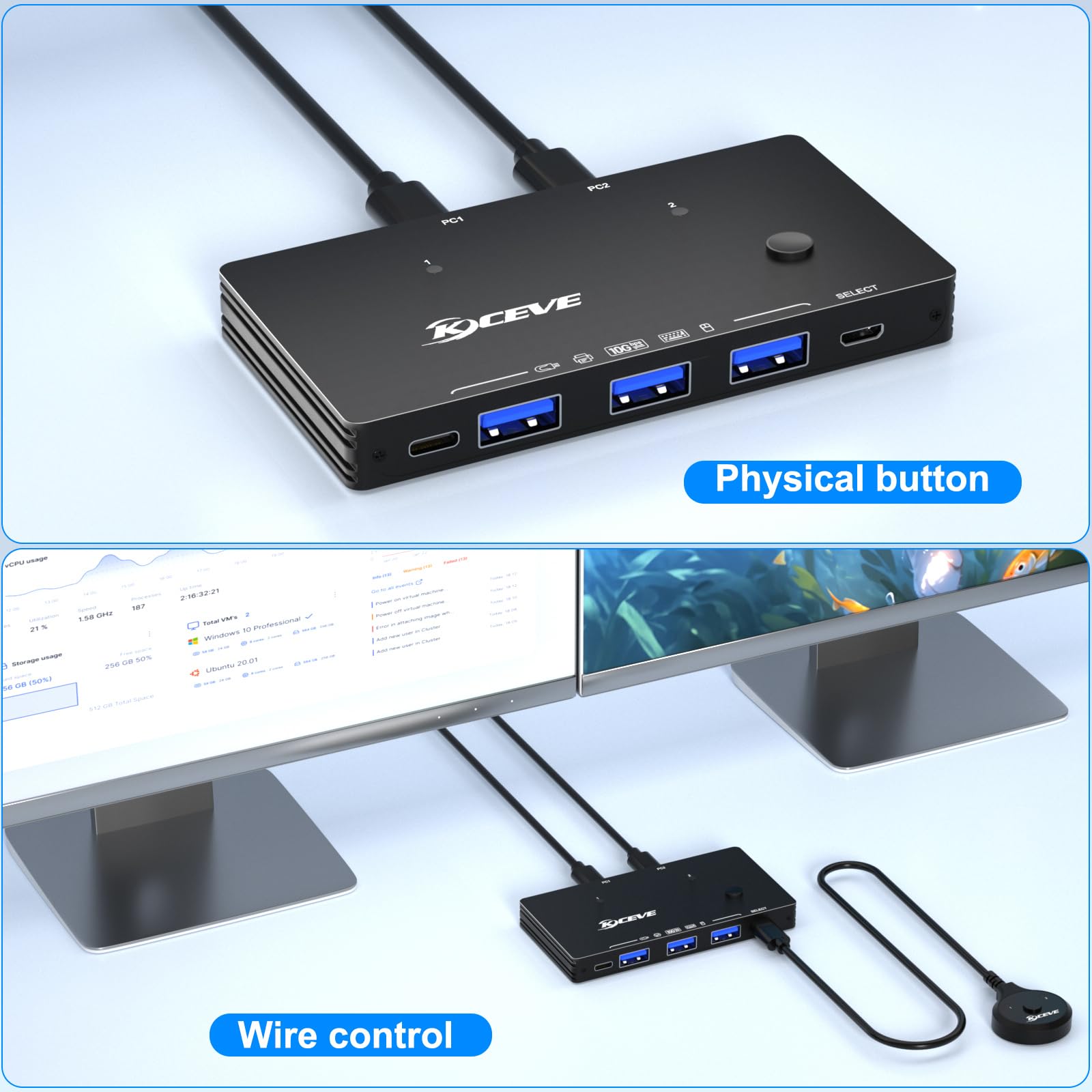 KCEVE USB 3.2 10Gbps 2-Port USB C Switch - 2 Input 4 Output USB 3.0 Hub for Sharing Printer, Scanner, Mouse & Keyboard Between 2 Laptops - Includes 2 USB C to C Cables - Perfect for Home Office & Multi-Device Workstations
