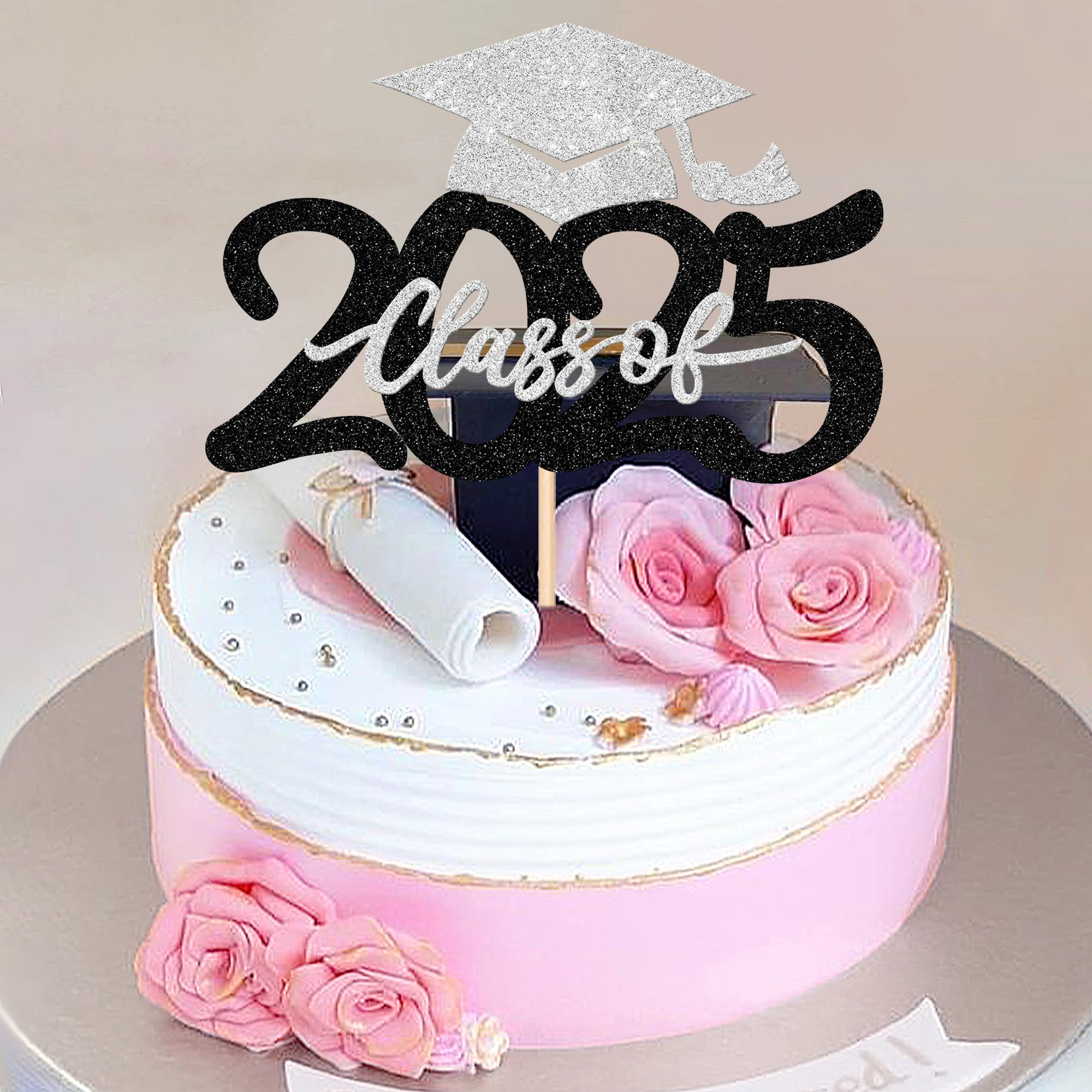 2025 Graduation Cake Topper - Glitter Graduation Cap Cake Pick for Class of 2025, Congrats Grad Cake Decoration - Perfect for 2025 Graduation Party Decor, Birthday Celebrations & Dessert Toppings (Black & Silver)