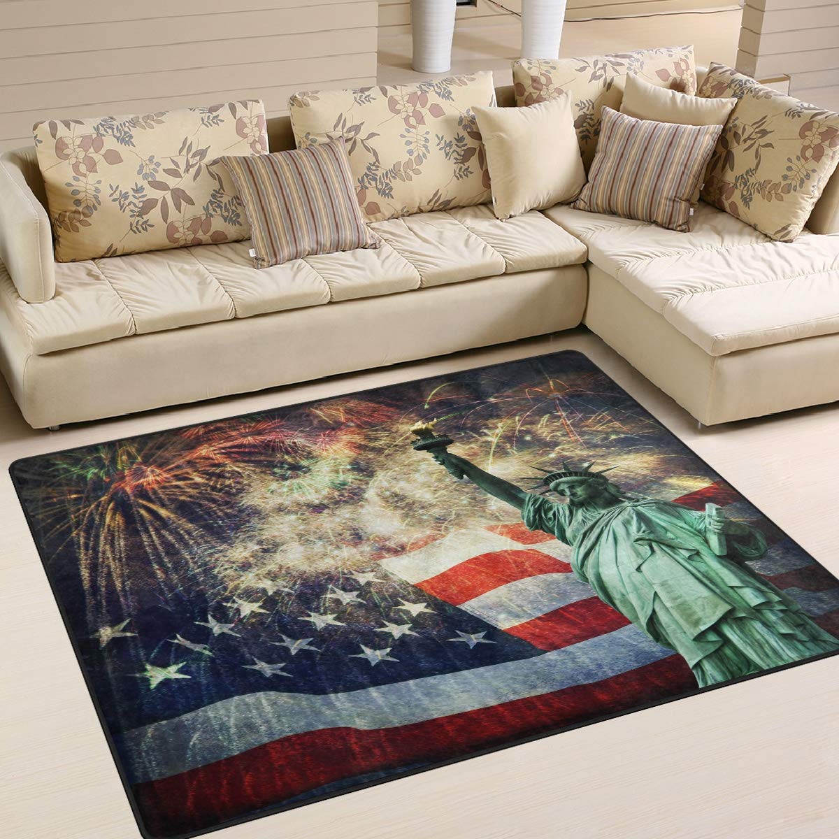 ALAZA Vintage American USA Flag Statue of Liberty Fireworks Area Rug 5' x 7' - Patriotic Home Decor for Living Room, Bedroom & Office - Perfect for 4th of July, Memorial Day & Independence Day Celebrations