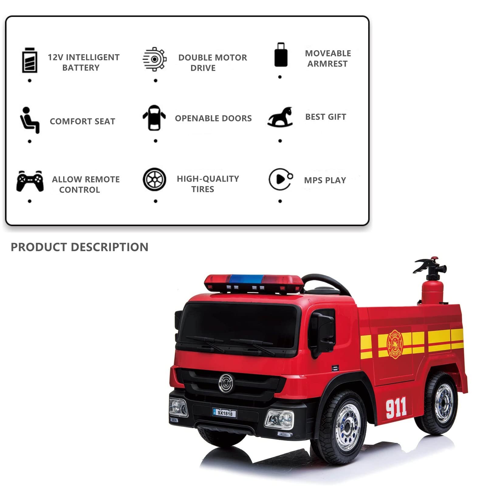 TLSUNNY 12V Kids Electric Ride On Fire Truck Toy - Remote Control Motorized Fire Engine Car with Spring Suspension, 3 Speeds, Water Gun, Firefighter Hat & Extinguisher - Perfect for Birthday Gifts & Outdoor Play