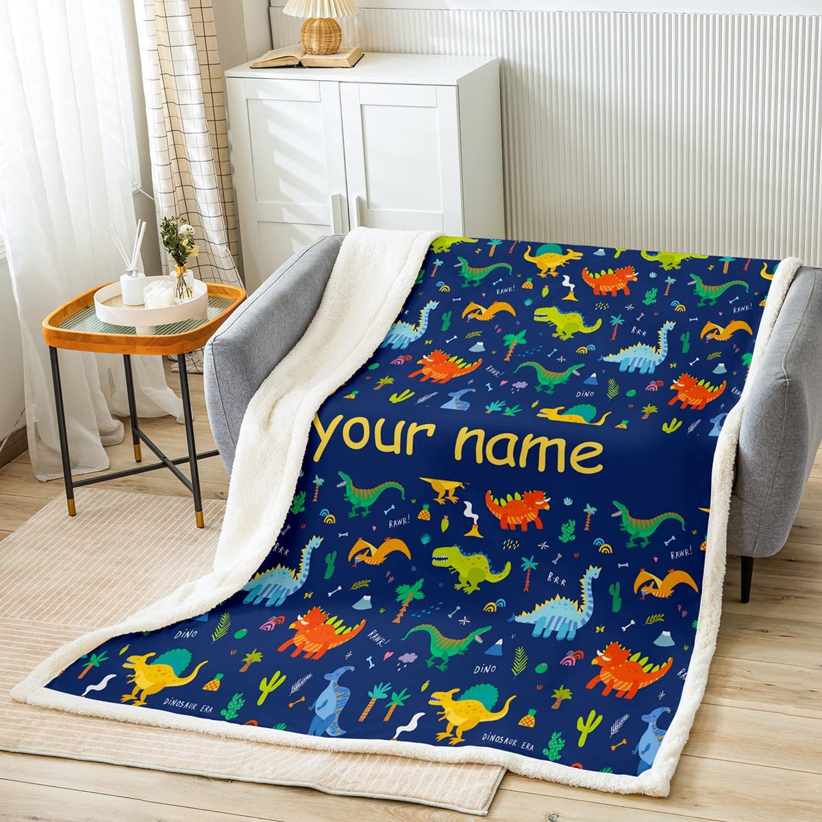 Personalized Dinosaur Throw Blanket for Kids - Custom Name Dino Sherpa Fleece Blanket 30