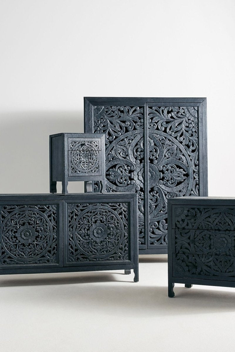 Hand Carved Lombok Buffet Indigo Color - Handmade Sideboard Cabinet | Solid Wood Indian Furniture for Dining Room & Living Room Storage