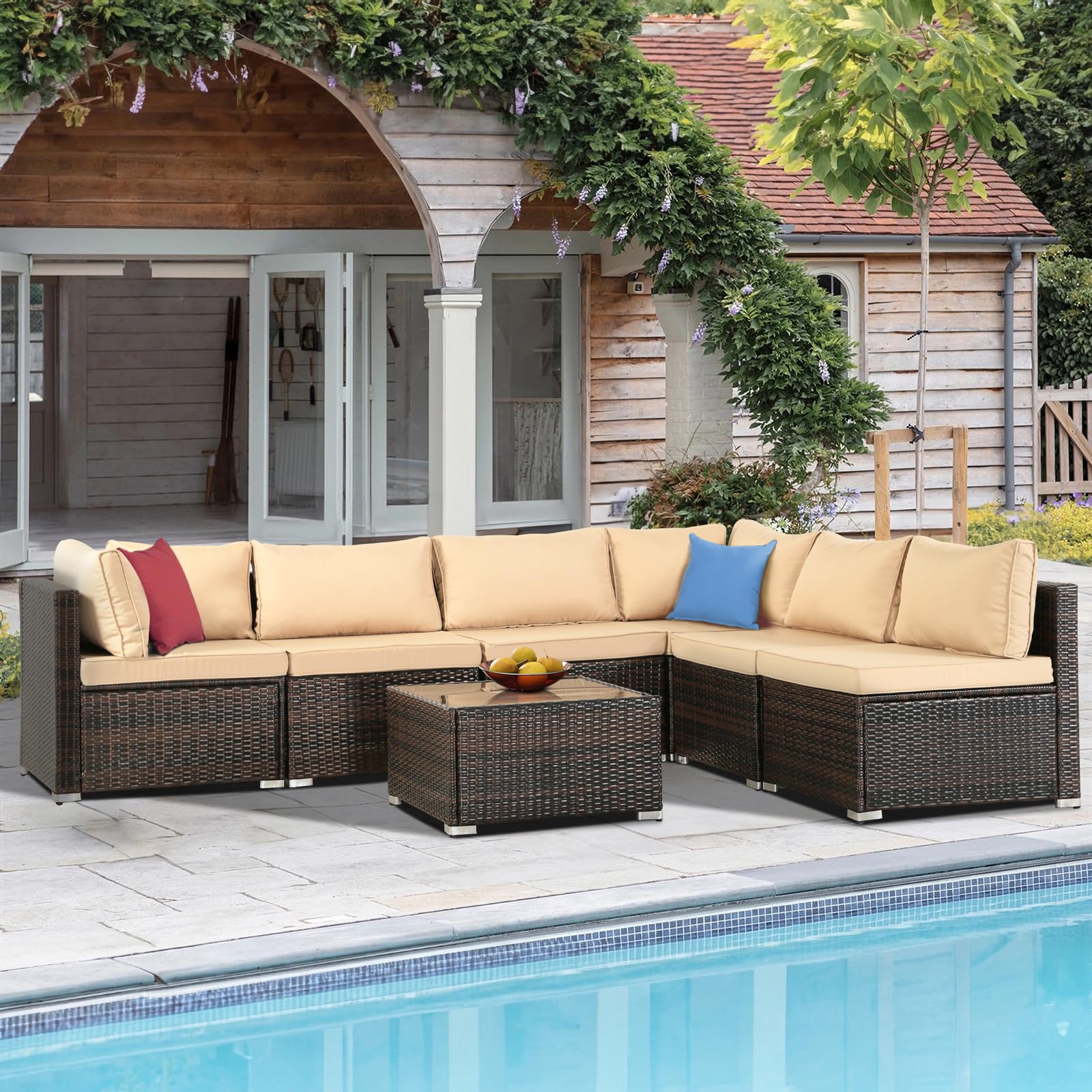 7-Piece Patio Outdoor Furniture Set - Rattan Wicker Sectional Sofa with Coffee Table - Brown Wicker & Khaki Cushion - Perfect for Deck, Lawn, Garden, and Poolside Relaxation
