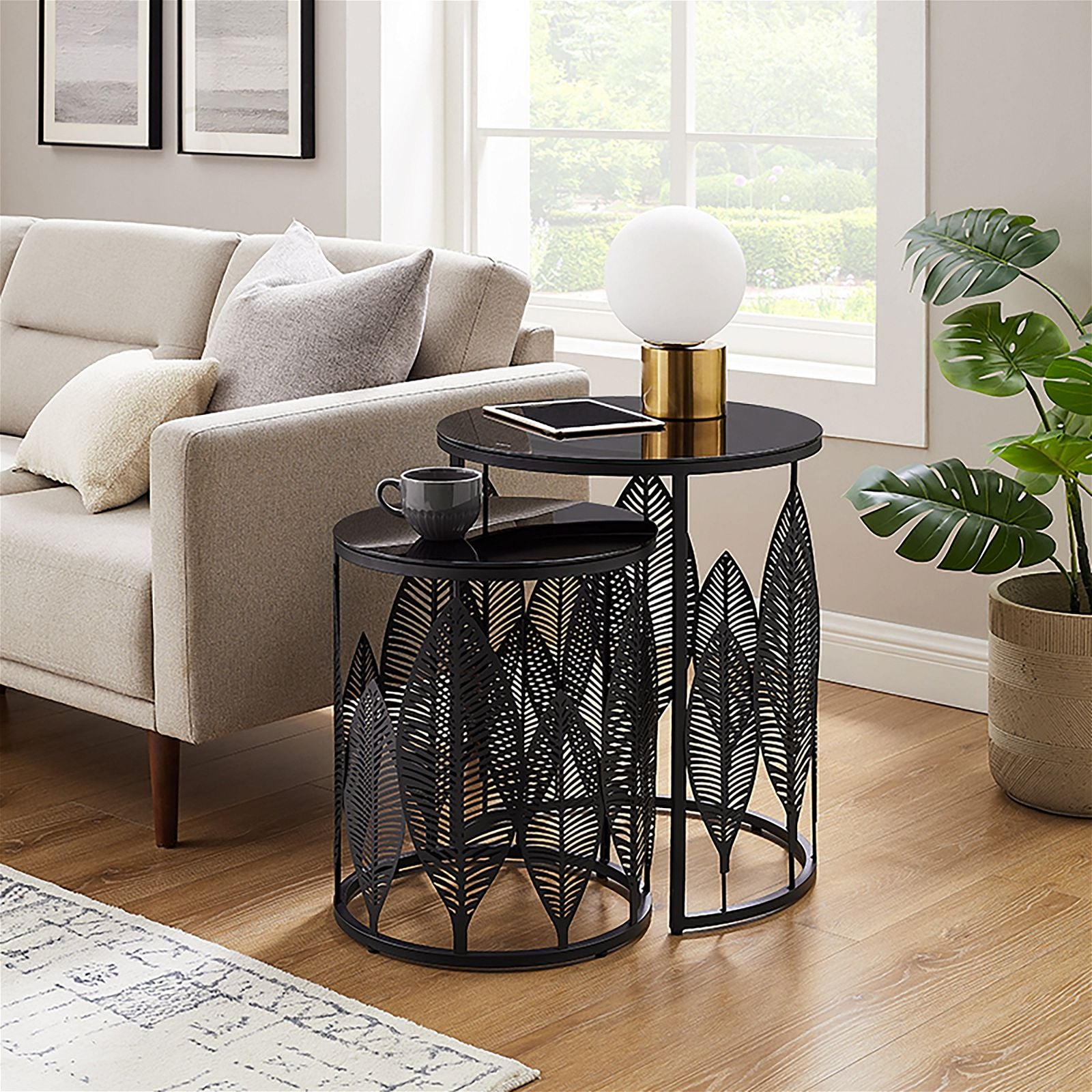 Criterion Black Glass Top Leaf Nested Coffee Tables Set - 520mm Modern Metal Frame for Living Room, Lounge & Office Decor