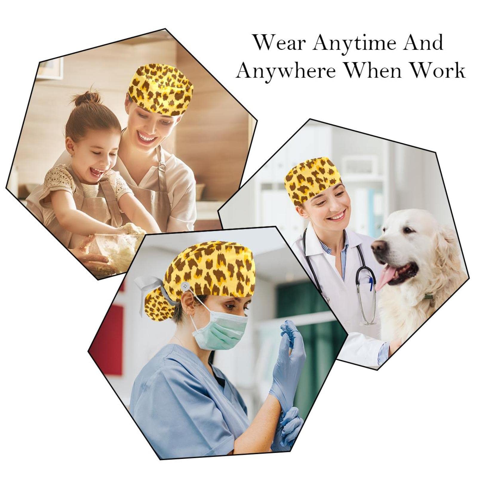 Leopard Print Blue Scrub Hats for Women & Men - 2 Pack Long Hair Surgical Caps with Button & Sweatband - Unisex Tie Back Medical Hats for Nurses, Doctors & Healthcare Workers - Perfect for Hospitals, Clinics & Medical Work Environments