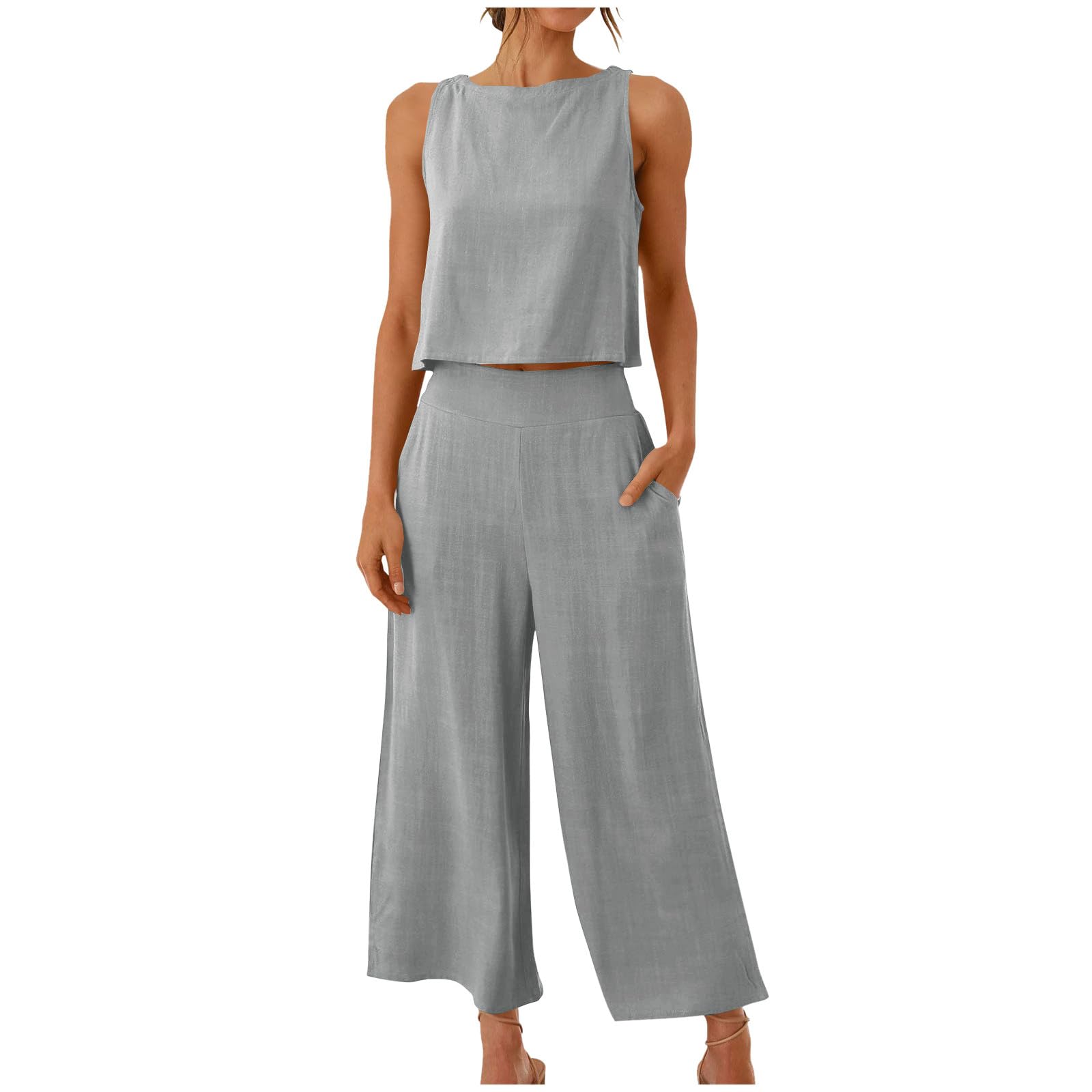 Women's 2-Piece Summer Outfit Set - Linen Crop Top & High Waist Wide Leg Capri Pants | Lounge Wear, Casual Matching Set | Perfect for Beach Vacation, Yoga & Summer Travel