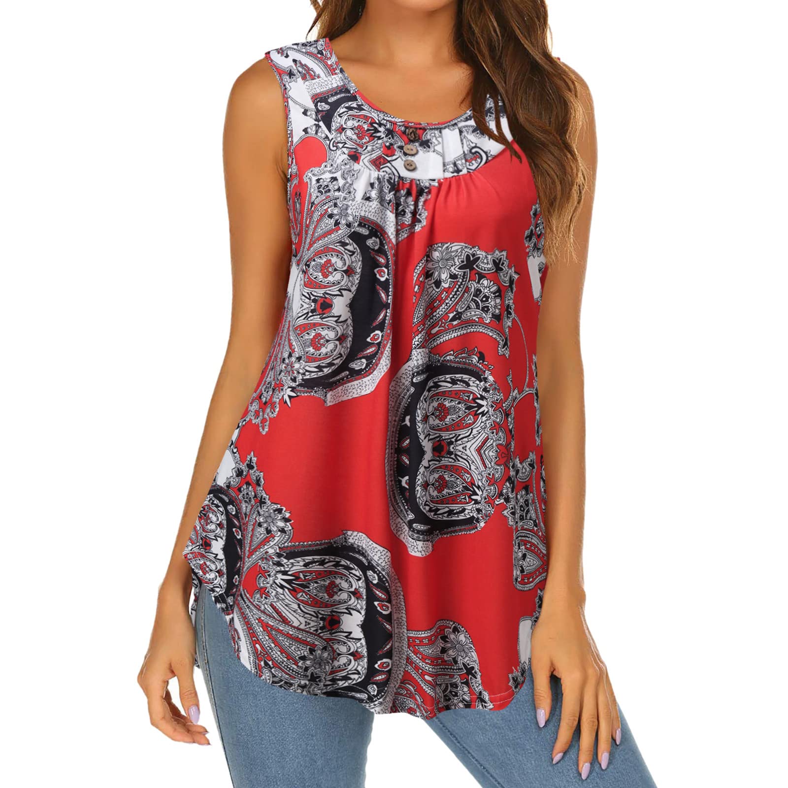 Women's Floral Print Button Up Pleated Tank Top - Trendy Sleeveless Crew Neck Summer Shirt for Outdoor Activities (Red, XXL) | Casual Wear, Beach Outfit, Vacation Style