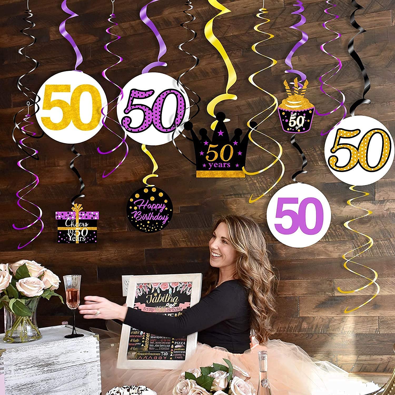 Elegant Purple & Gold 50th Birthday Party Decorations - Hanging Swirls for Women's Milestone Celebration | Perfect for 50 Years Old Birthday Party, Anniversary & Special Occasions
