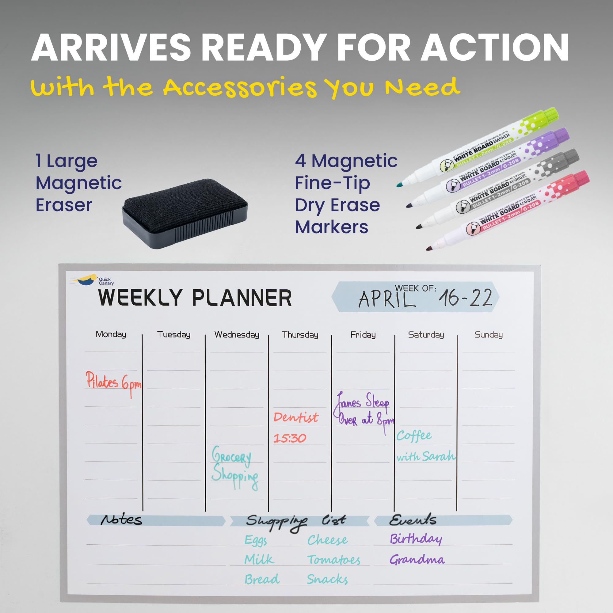 Quick Canary Magnetic Weekly Planner for Fridge - 17x12 Inch Dry Erase Board Calendar for 2025 Schedules, Meal Planning & Household Chores - Includes 4 Markers & Eraser - Perfect for Kitchen Organization & Family Scheduling