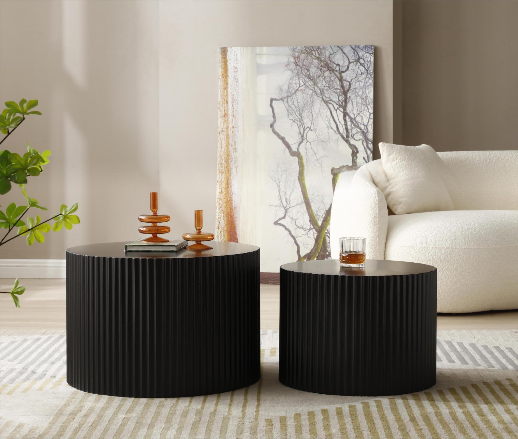 HMFULE 2-Piece Round Nesting Coffee Table Set - Modern Drum Cocktail & End Table for Living Room - Matte Black - Perfect for Small Spaces, Lounge & Home Decor