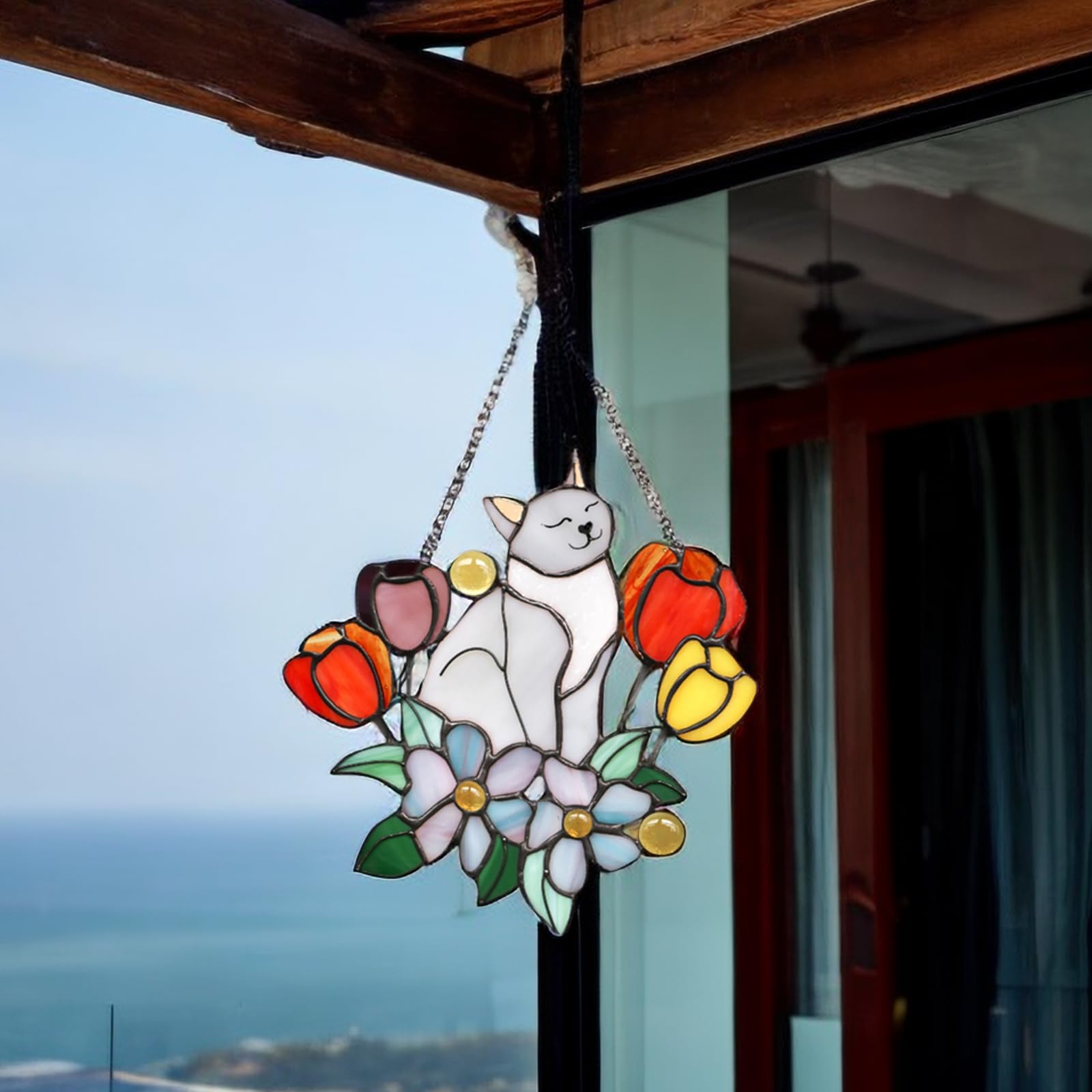 Handmade Cat Suncatchers Decor - Stained Glass Window Hangings with Floral Designs for Cat Lovers | Perfect for Home, Office, Patio & Gift Giving - Creates Beautiful Rainbow Reflections in Sunlight