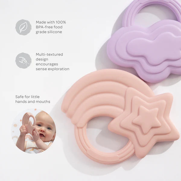 2 Pack Silicone Teether for Babies - Stars & Cloud Design - Safe & Soft Teething Toys for Infants - Perfect for Soothing Sore Gums at Home or On-the-Go