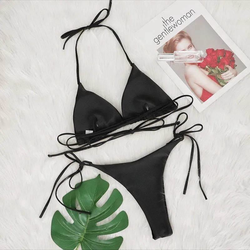 2024 Black Luxury Rhinestone Bikini Set - Push Up Brazilian Swimsuit for Women with Halter Top | Sexy Two Piece Bathing Suit for Beach, Pool Party & Summer Vacation