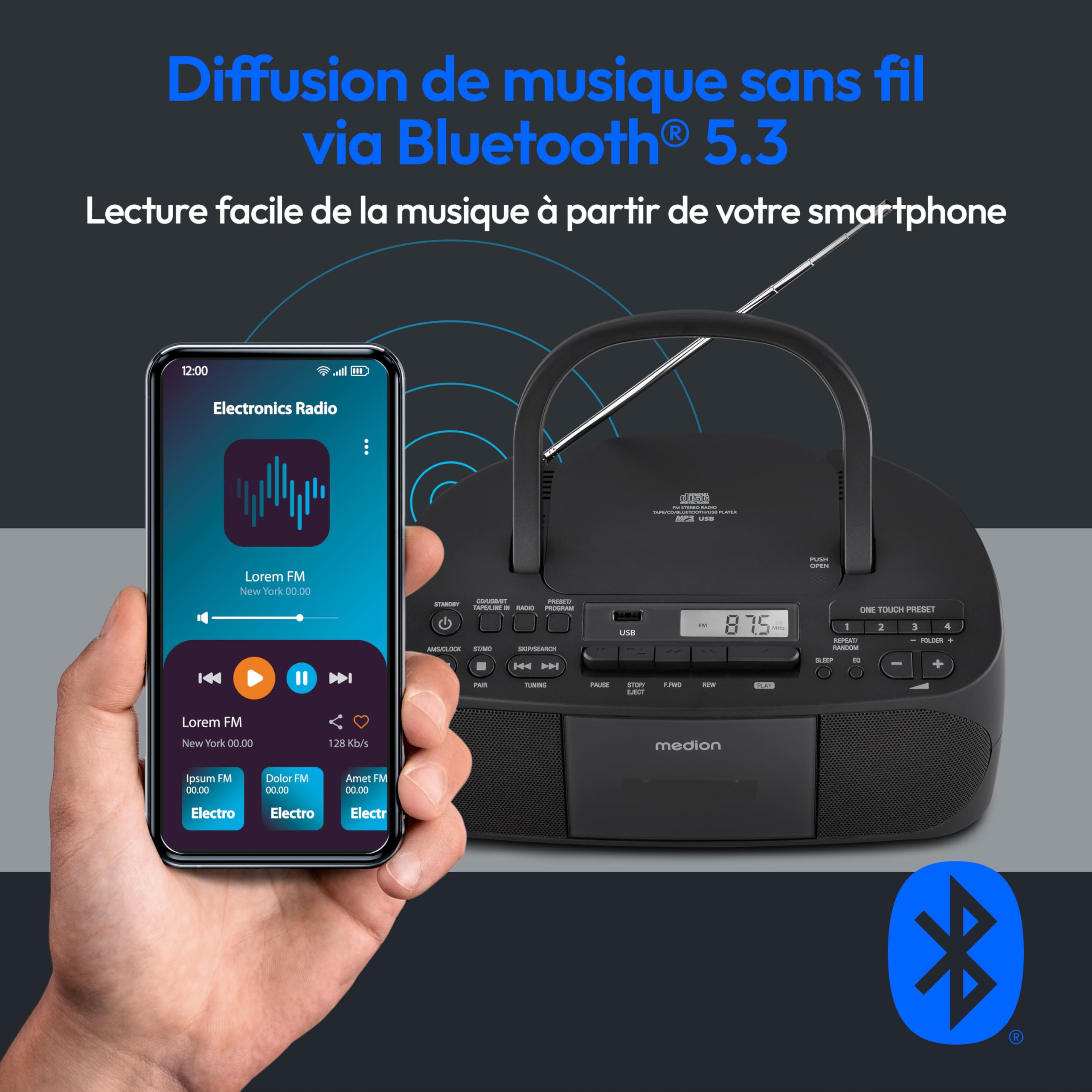 MEDION E65010 Stereo Radio with CD Player, Cassette Deck, USB Port, AUX Audio Input, MP3 Playback, FM PLL Radio, 40 Station Memory, Battery Operated, Remote Control - Black - Perfect for Home, Office, or Car Use