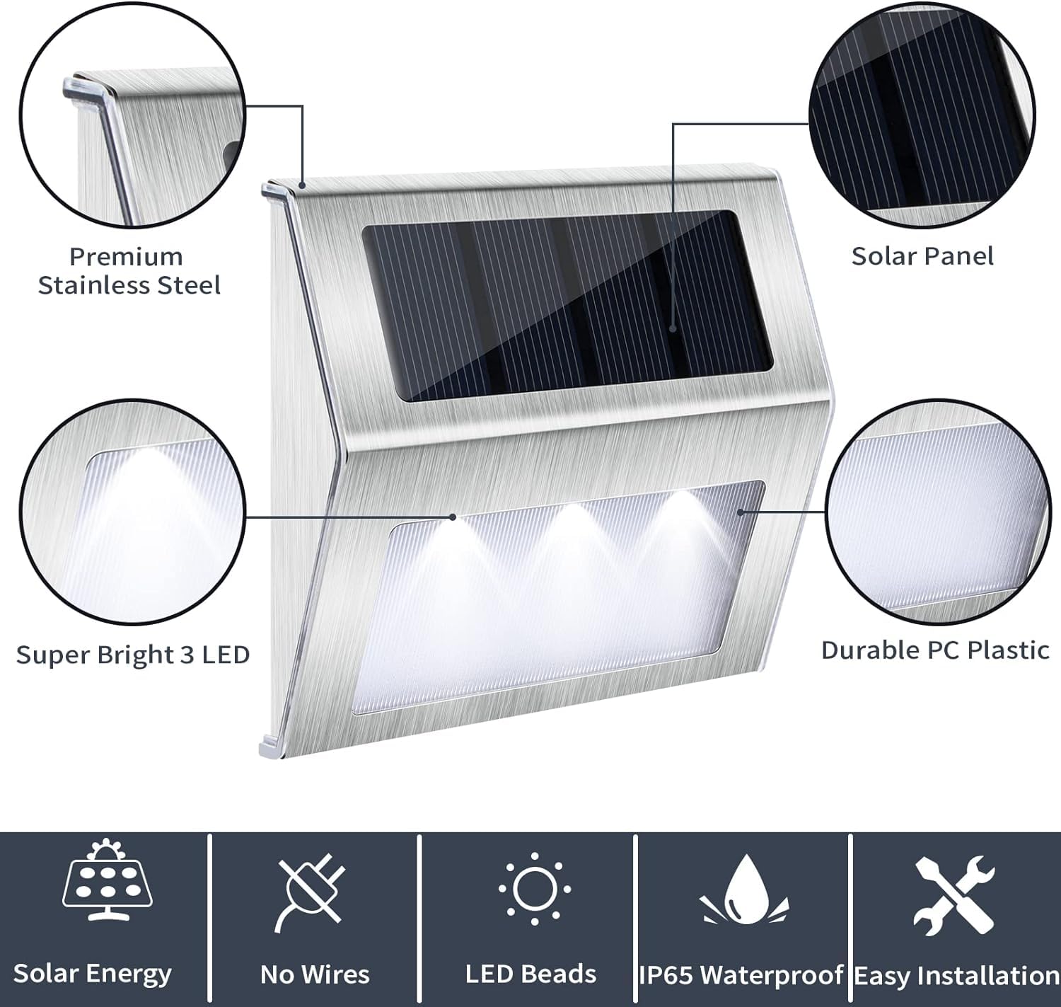 12 Pack Solar Step Lights - Stainless Steel Solar Stair Lights with 3 LEDs, Waterproof Outdoor Solar Deck Lights for Fence, Patio, Path, Yard, Garage & Walkways (Cool White) - Perfect for Nighttime Safety and Landscape Lighting