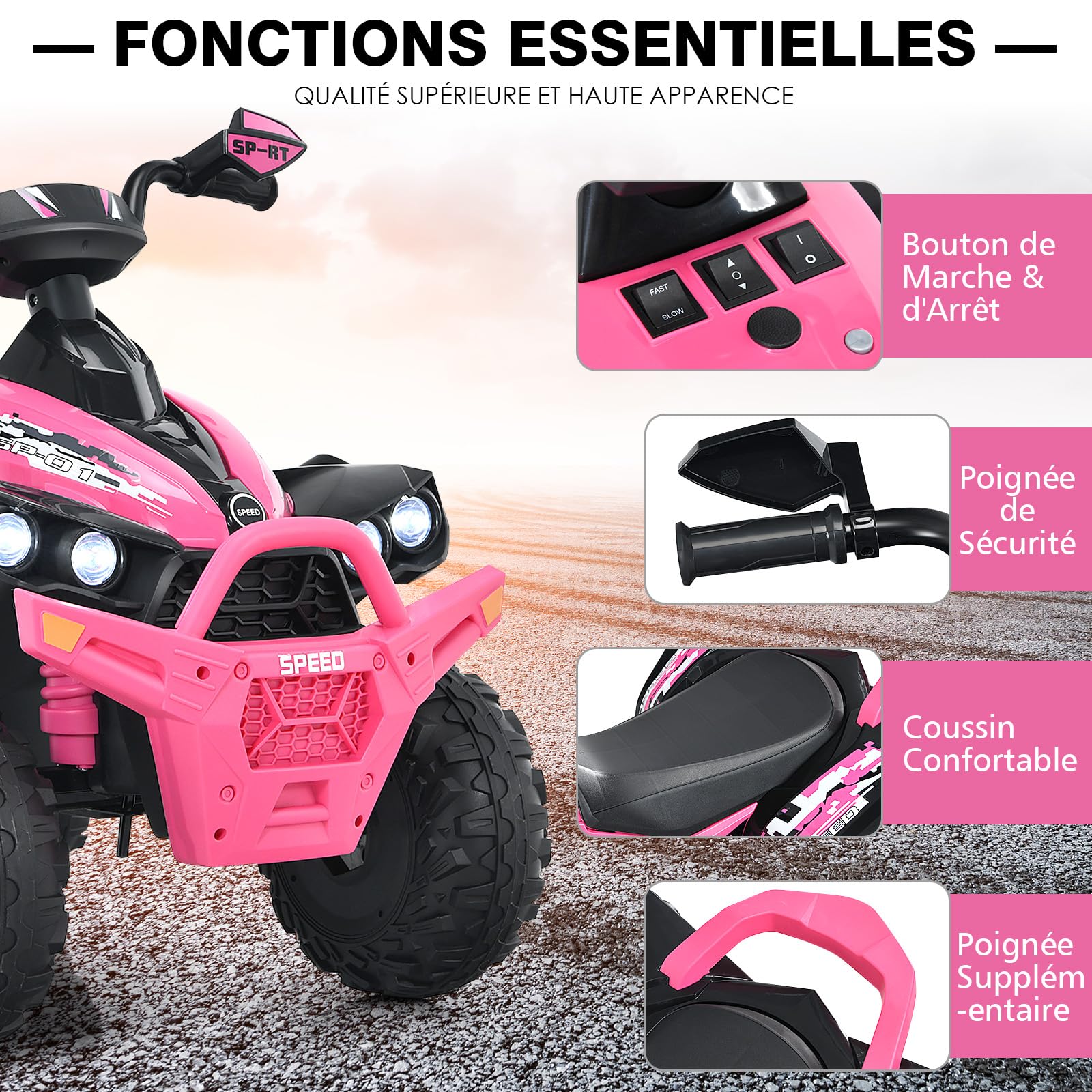 DREAMADE 12V Kids Electric ATV Quad Bike - Adjustable Speed, Forward/Reverse, LED Lights, Music, Horn & Pedal - 35kg Capacity Pink Ride-On Car for Boys & Girls - Perfect for Backyard Play, Birthday Gifts & Outdoor Adventures
