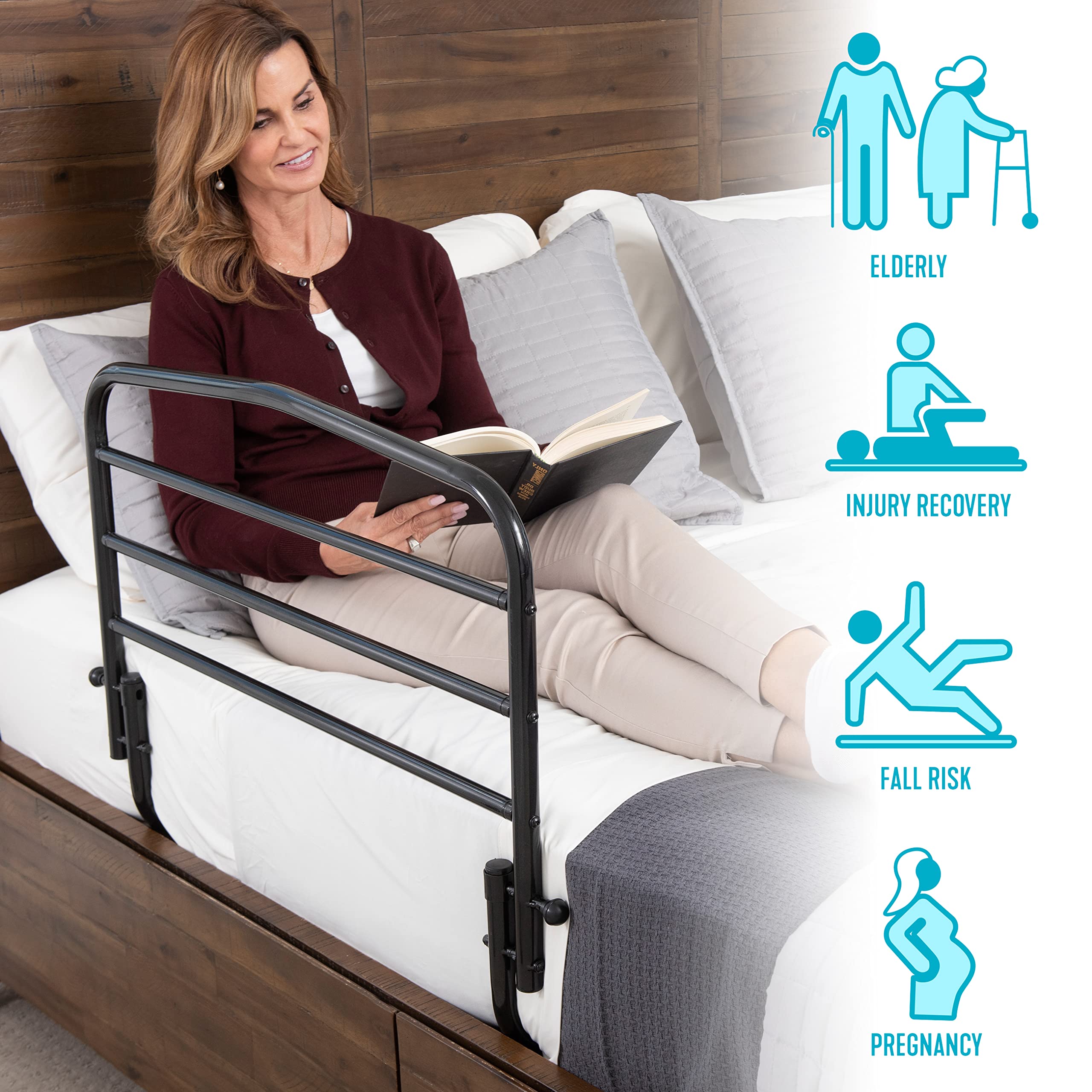 Stander 30 Inch Adjustable Safety Bed Rail for Adults & Seniors - ASTM Certified Folding Bedside Guardrail with Stand Assist Bar - Universal Fit for King, Queen, Full & Twin Size Beds - Ideal for Elderly Care & Home Safety Use