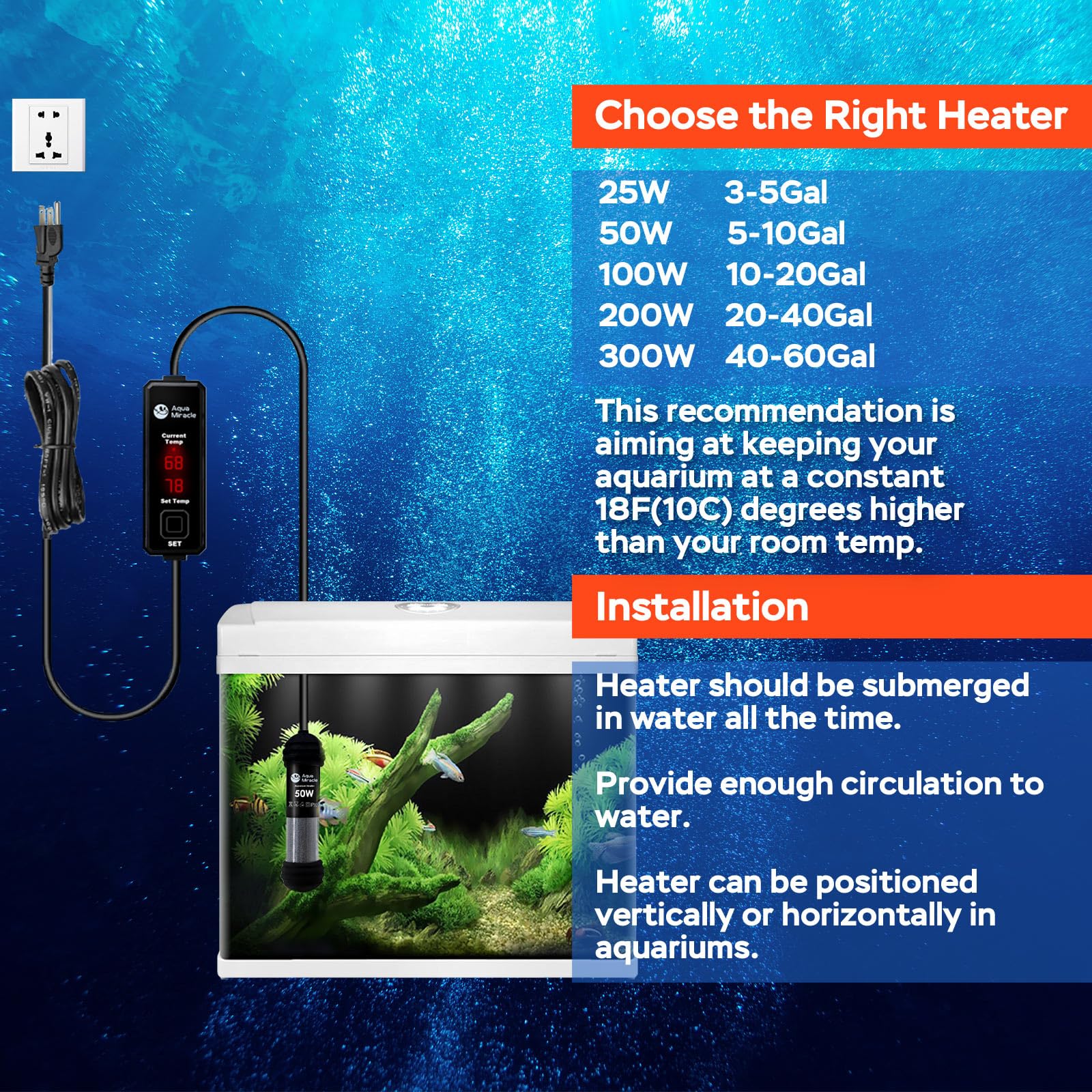 AquaMiracle 50W Small Aquarium Heater with Dual LED Display - Fish Tank Heater for 5-10 Gallon Tanks - Super Mini Turtle Tank Heater with Dry-Run & Overheating Protection - Memory Function - Perfect for Home, Office or Classroom Aquariums