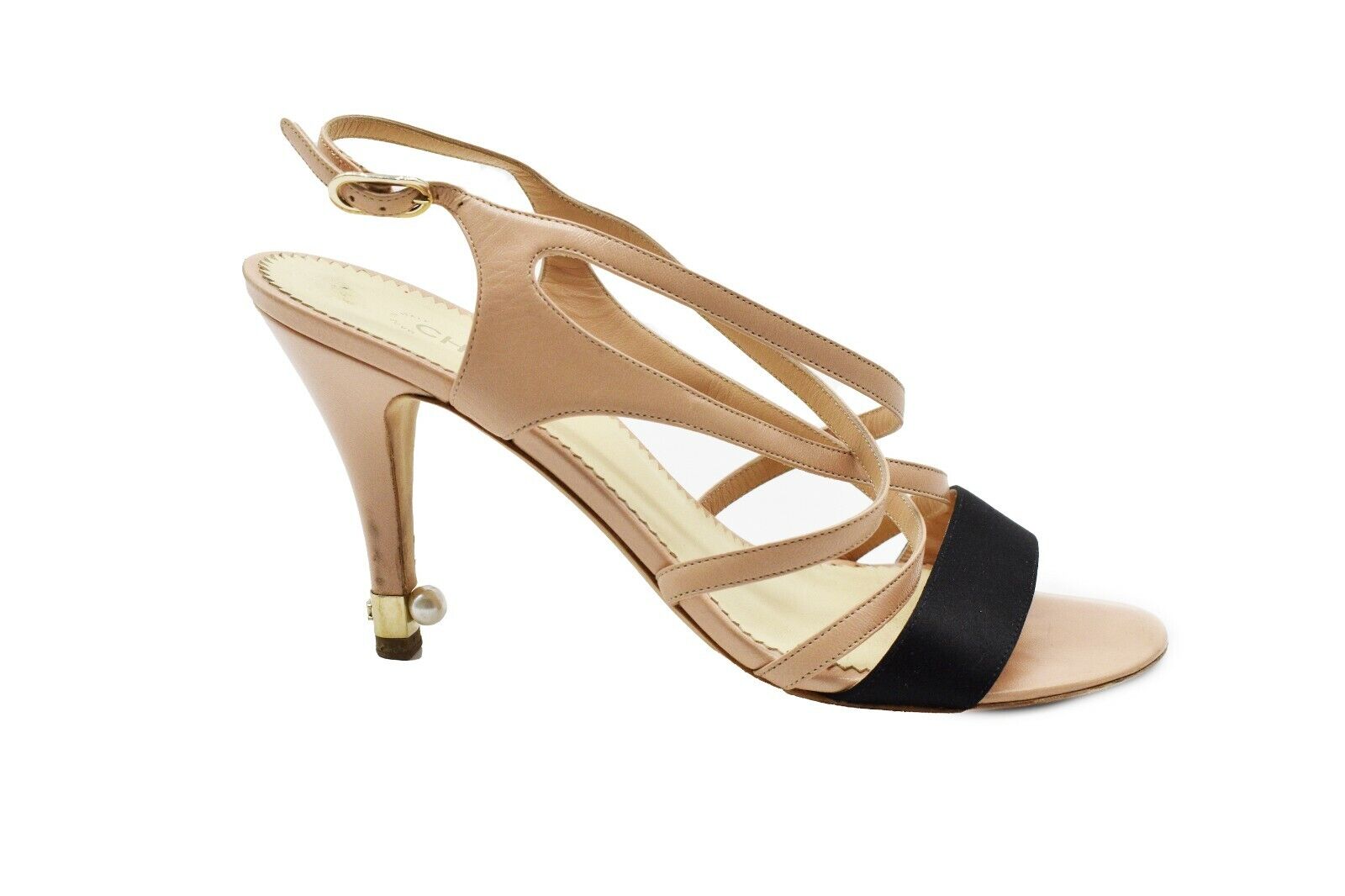 Chanel CC Logo Strappy Sandal Open Toe Heels - Satin Beige & Black - Women's Size US 8 (EU 39) - Perfect for Weddings, Parties & Evening Events