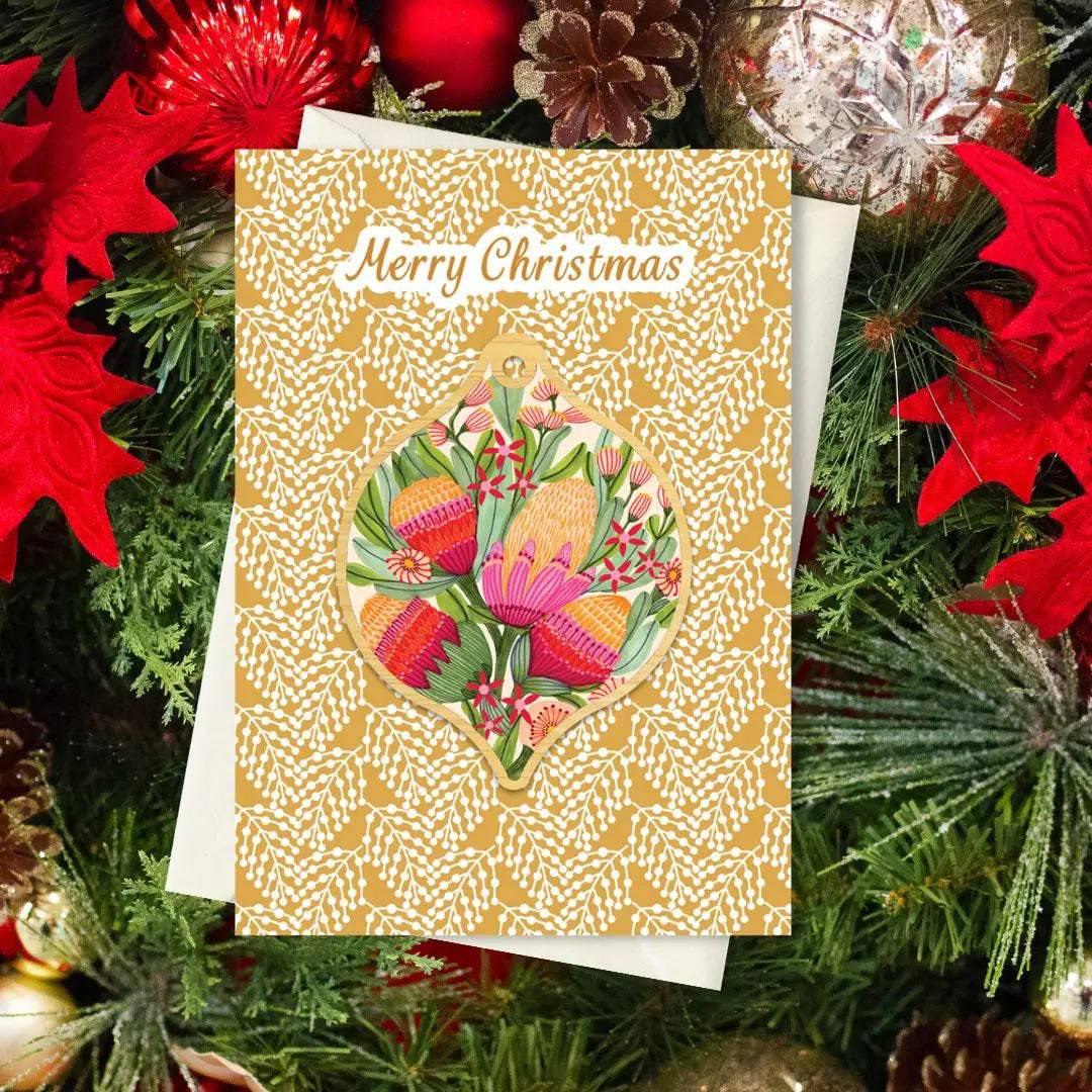 Premium Protea & Gum Flowers Australian Christmas Card & Bauble Set - Perfect for Holiday Greetings, Tree Decorations & Festive Gift Giving