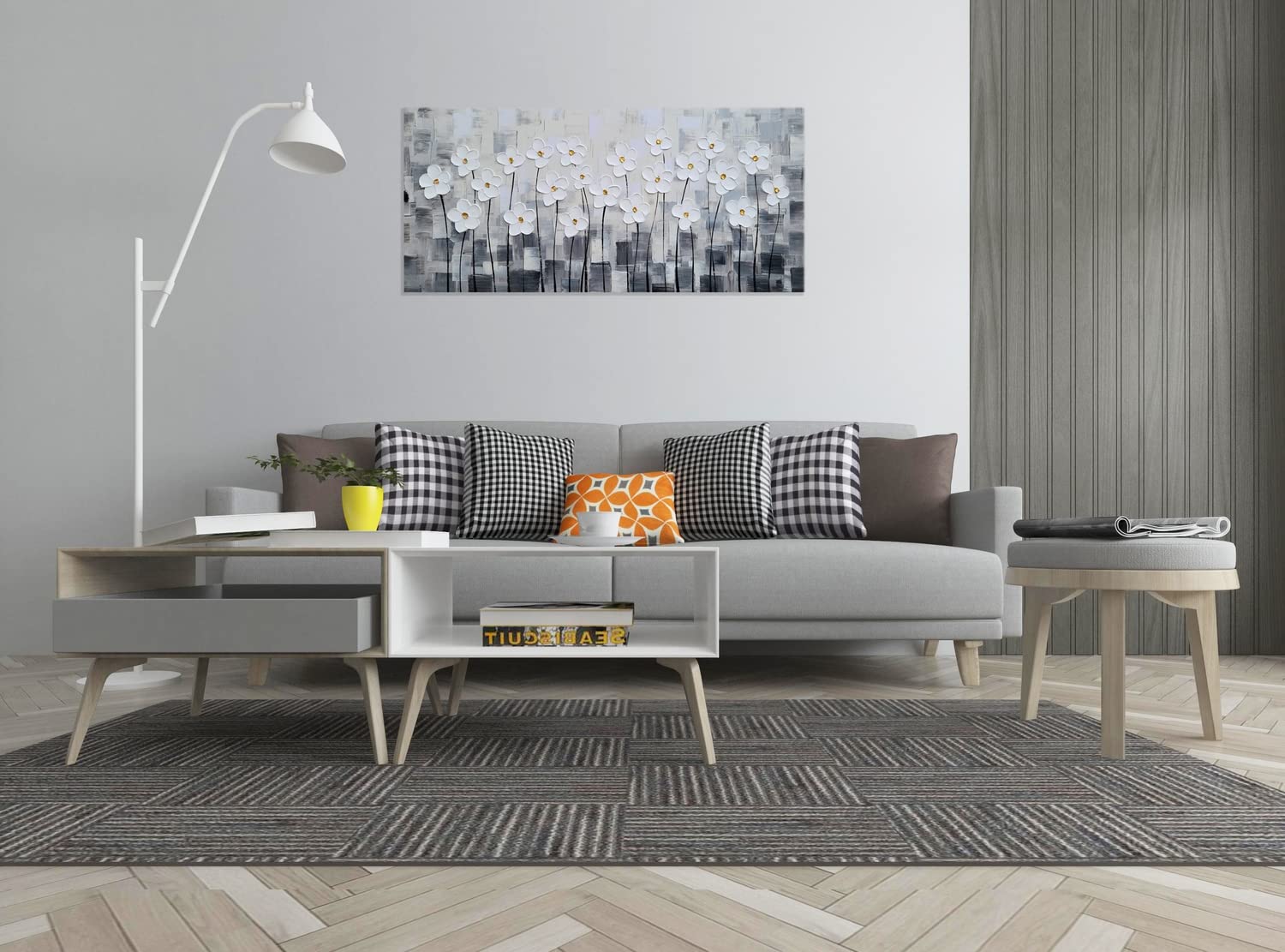 SYGALLERIER White Floral Canvas Wall Art - Hand Painted 3D Modern Abstract Painting - Grey and White Pictures for Living Room, Bedroom, Office & Home Decor - Perfect for Modern Interior Design & Wall Decoration
