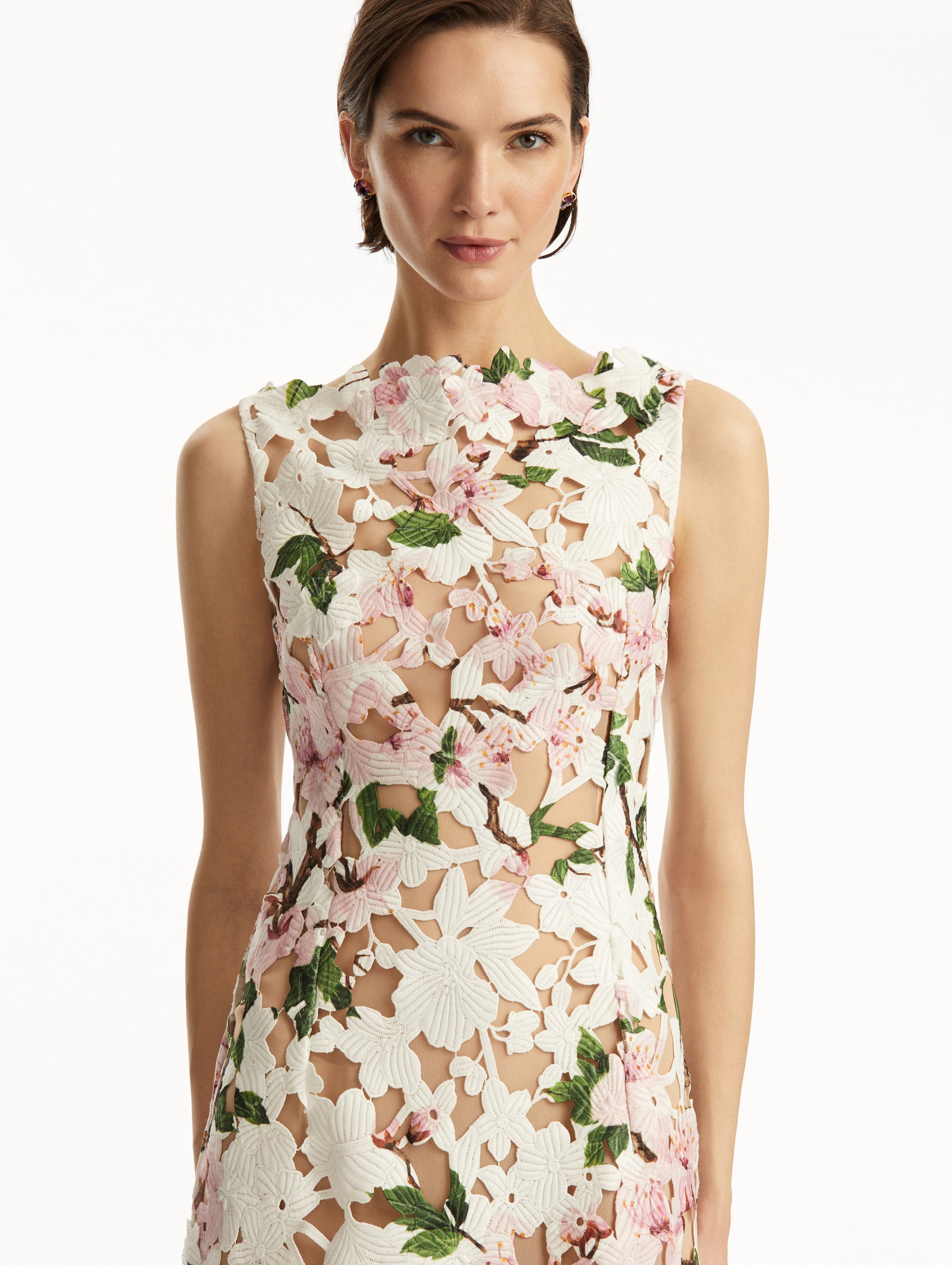 Elegant Cherry Blossom Guipure Lace Evening Gown - Floral Embroidery Formal Dress for Prom, Wedding & Special Occasions