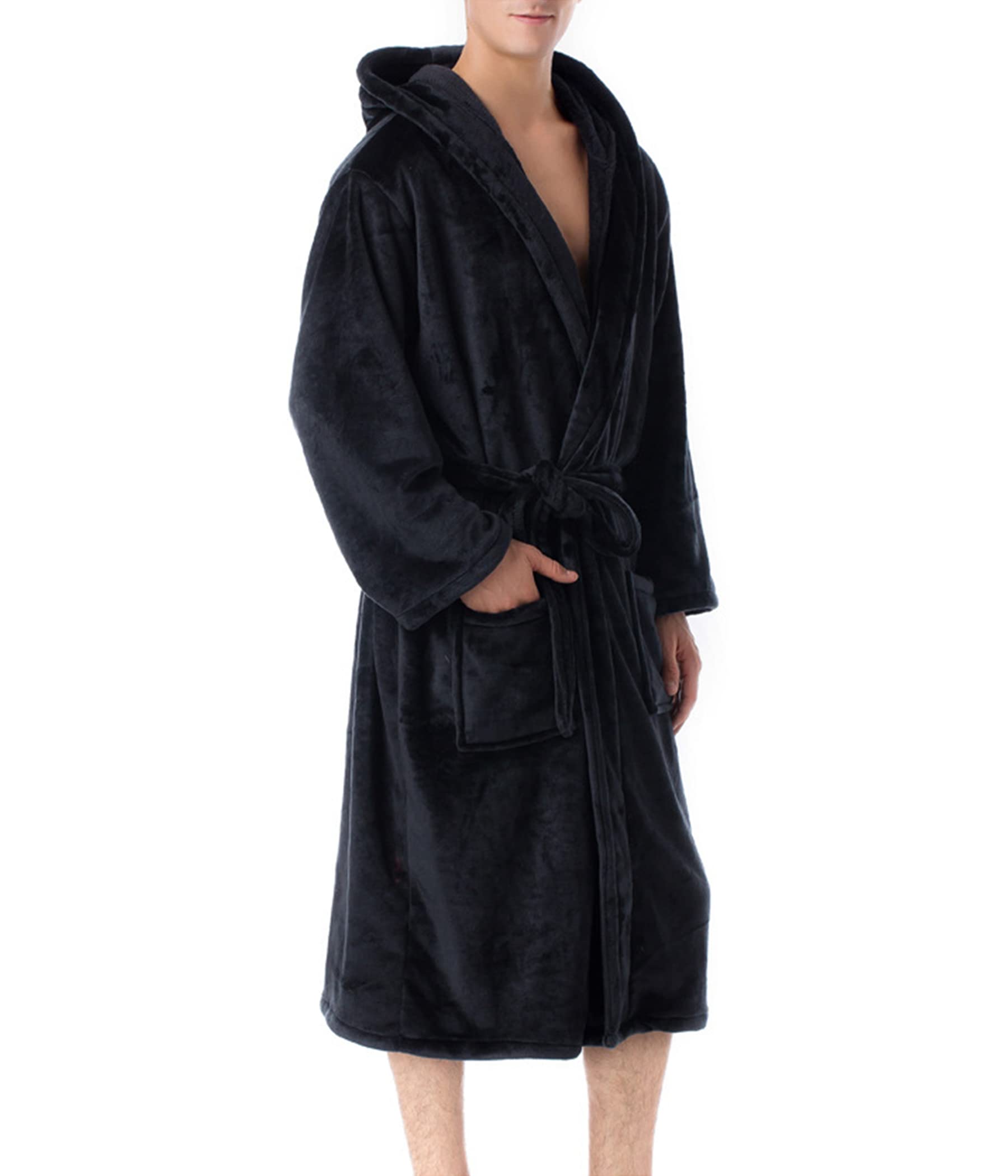 **Men's Flannel Hooded Bathrobe - Warm Long Sleeve Plush Kimono Robe for Winter | Cozy Lounge Wear at Home, Spa & Travel**