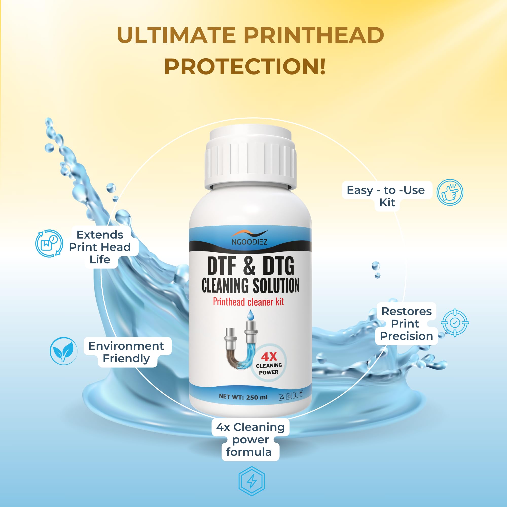 NGOODIEZ Universal Printhead Cleaning Kit for DTF & DTG Printers - 250mL Nozzle Cleaner Solution for Direct Transfer Film Printers - Perfect for Maintenance & Preventing Clogged Ink Jets