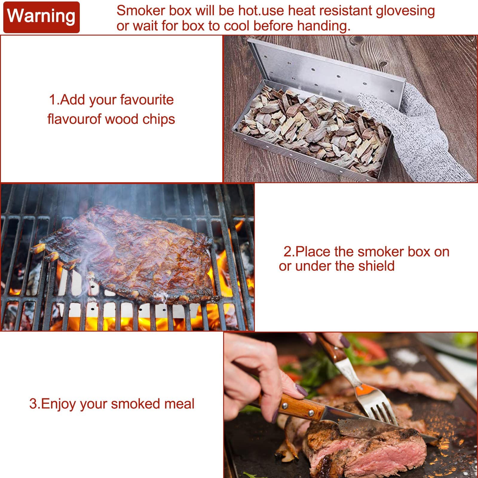 Stainless Steel BBQ Smoker Box - Portable Wood Chip Smoking Box for Outdoor Gas & Charcoal Grills - Perfect for Smoking Meat, Fish & Vegetables at Home or Camping