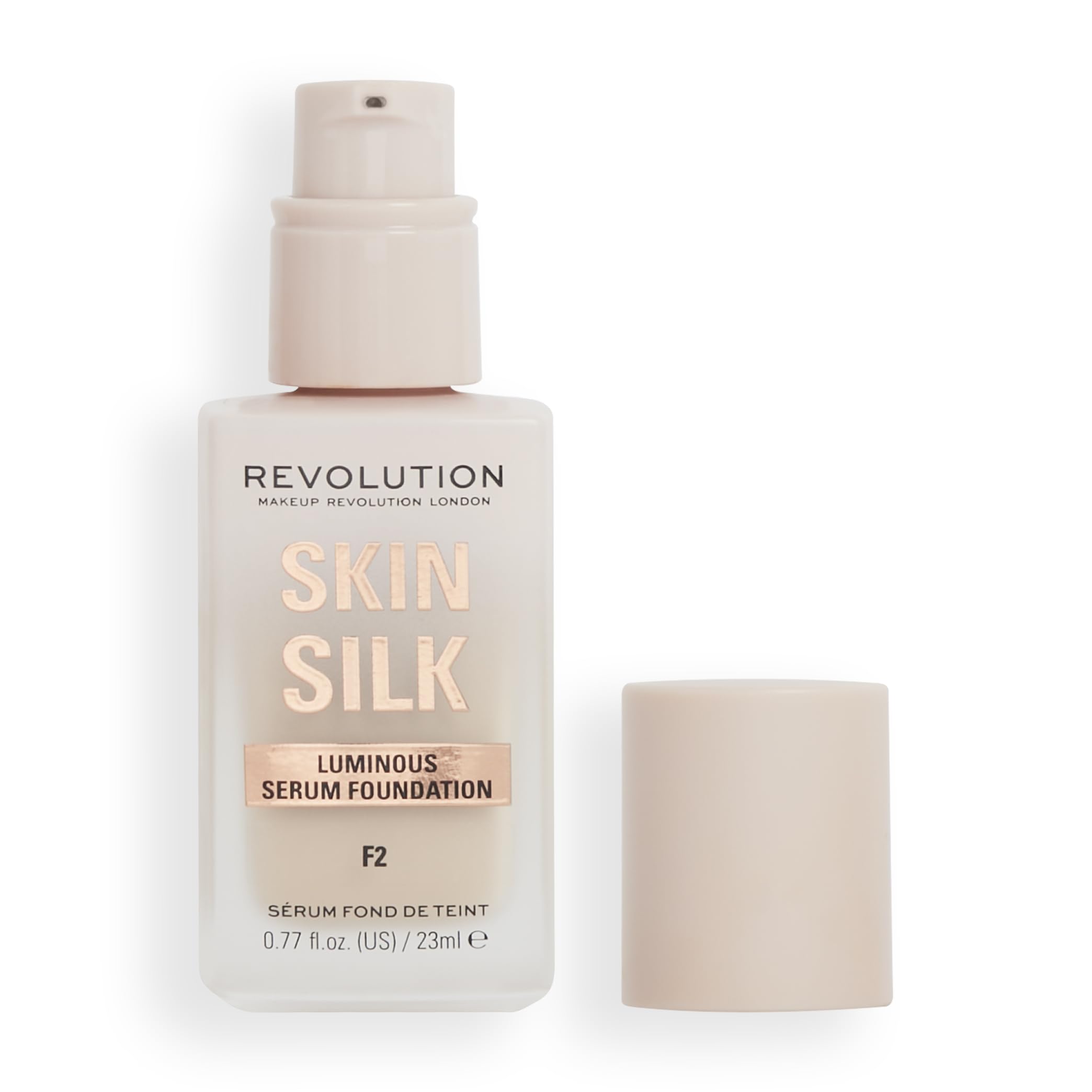 Revolution Beauty Skin Silk Serum Foundation - Lightweight Liquid Makeup with Hyaluronic Acid for Fair Skin (F2), 0.77 Fl Oz | Light to Medium Coverage with Radiant Finish | Perfect for Daily Wear & Special Occasions
