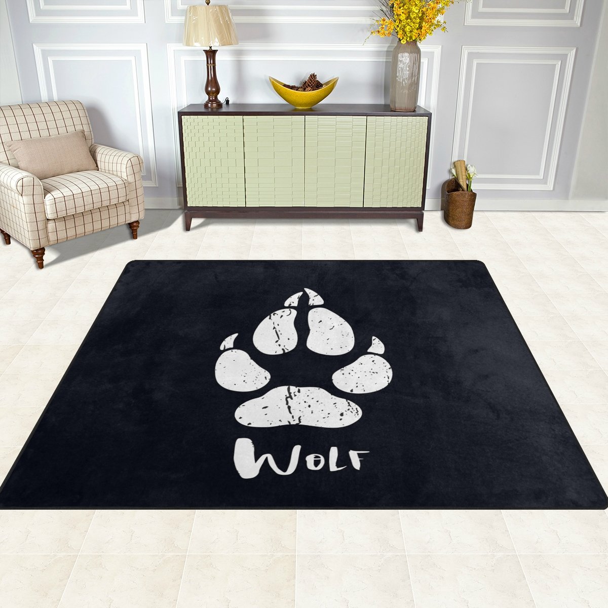 ALAZA Wolf Paw Print Black Area Rug 5'3