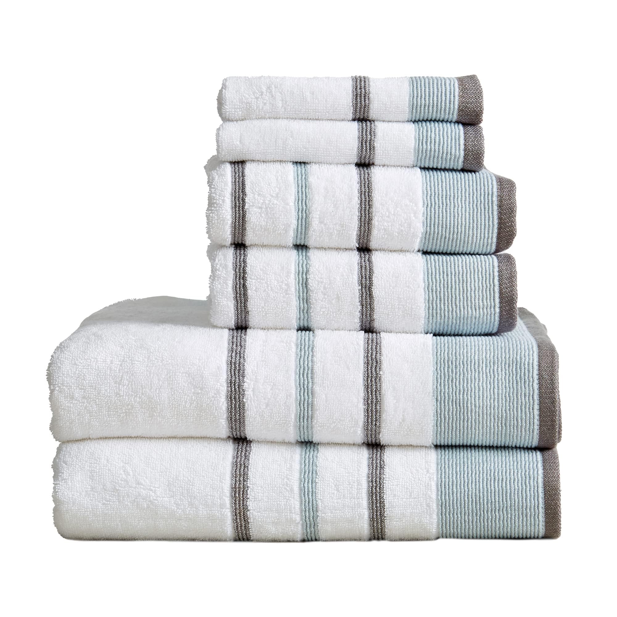 Premium 6-Piece Combed Cotton Bath Towel Set - Ultra Soft & Absorbent - 2 Bath Towels, 2 Hand Towels, 2 Washcloths - Luxury Spa & Bathroom Decor (Eucalyptus/Grey) - Perfect for Guest Bathrooms, Master Suites & Hotel-Style Experience