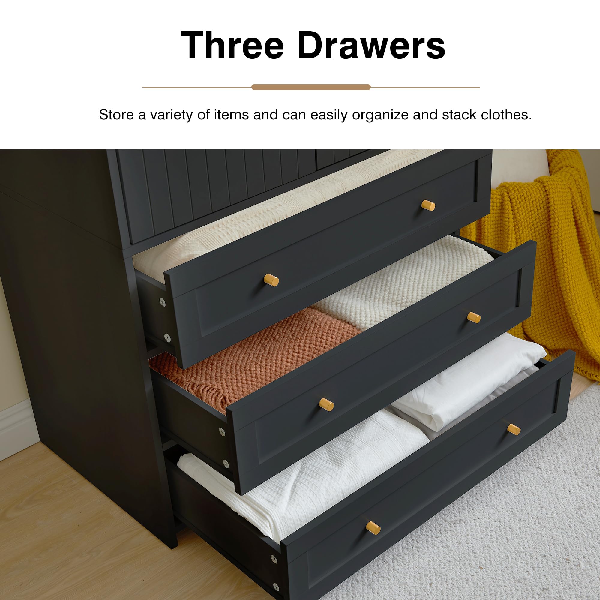 LEVNARY 2-Door Wardrobe Cabinet with 3 Drawers & Hanging Rod - Modern Freestanding Closet Organizer for Bedroom, Armoire Storage (Black) | Perfect for Small Spaces, Guest Rooms & Apartment Clothing Organization