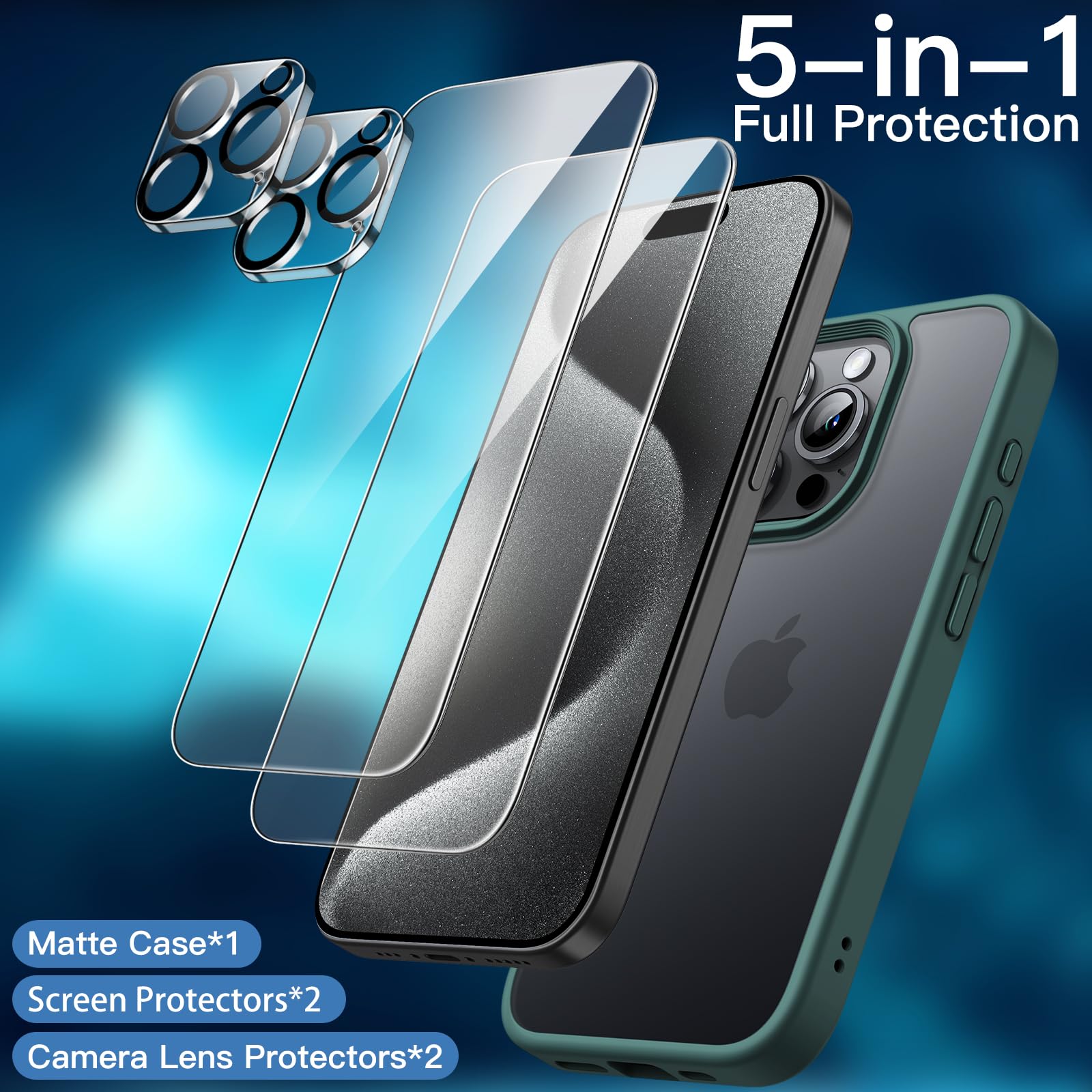 JETech 5-in-1 Matte Shockproof Case for iPhone 15 Pro 6.1 Inch - Includes 2 Tempered Glass Screen Protectors & Camera Lens Protector - Translucent Dark Green Back Cover for Everyday Protection & Style