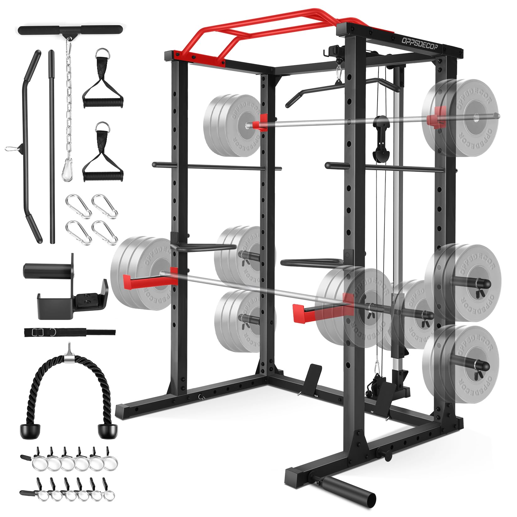 **OPPSDECOR 1600lbs Power Cage with LAT Pulldown & Adjustable Cable System – Multi-Functional Squat Rack for Home Gym – Strength Training, Weightlifting & Full-Body Workouts**    *(Use for Home Fitness, Bodybuilding, CrossFit & Functional Training)*