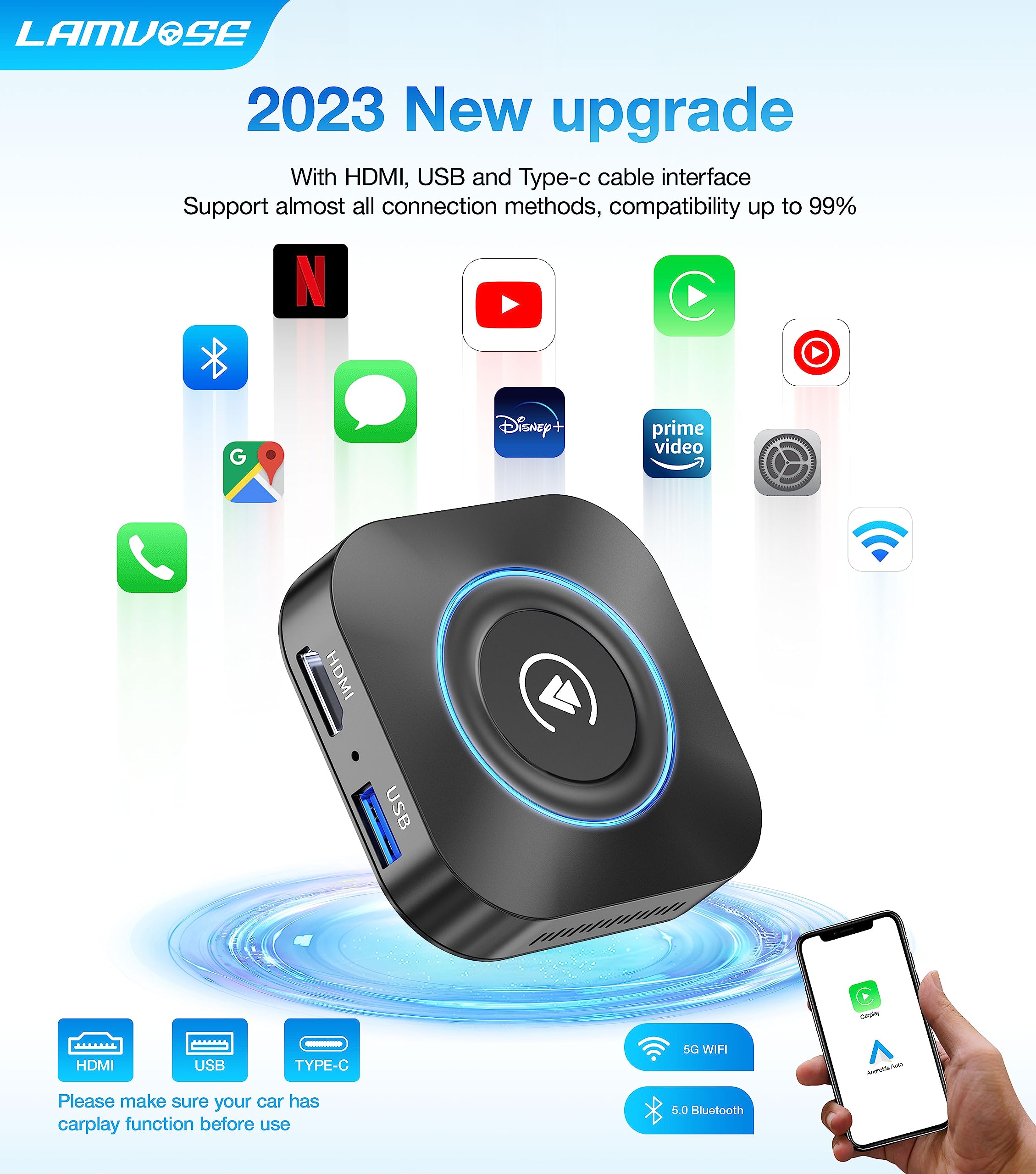 Wireless CarPlay Adapter 2025 - Magic Box 2.0 AI Box for Factory Wired Cars (2015+) | Supports Netflix, YouTube, TikTok, Disney+, Hulu | Seamless Apple CarPlay & Android Auto | Perfect for Road Trips, Commuting & In-Car Entertainment