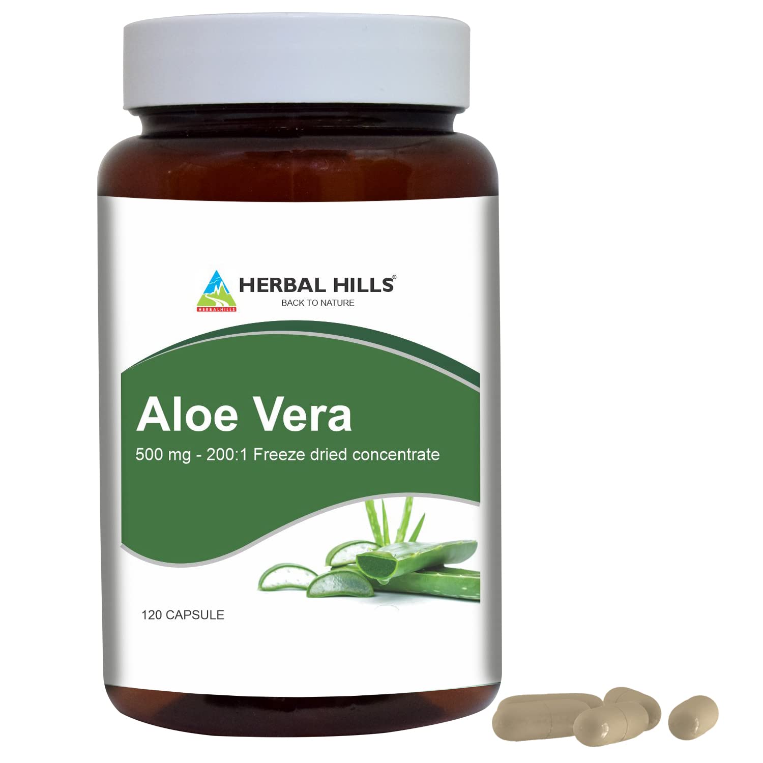 HERBAL HILLS Aloe Vera Capsules (Aloe barbadensis) | 120 Count (500mg Each) | Pure Freeze-Dried Aloe Powder Supplement for Digestive Health & Immune Support | High Potency Aloe Vera Extract for Skin Care, Detox & Overall Wellness | Vegan & Non-GMO