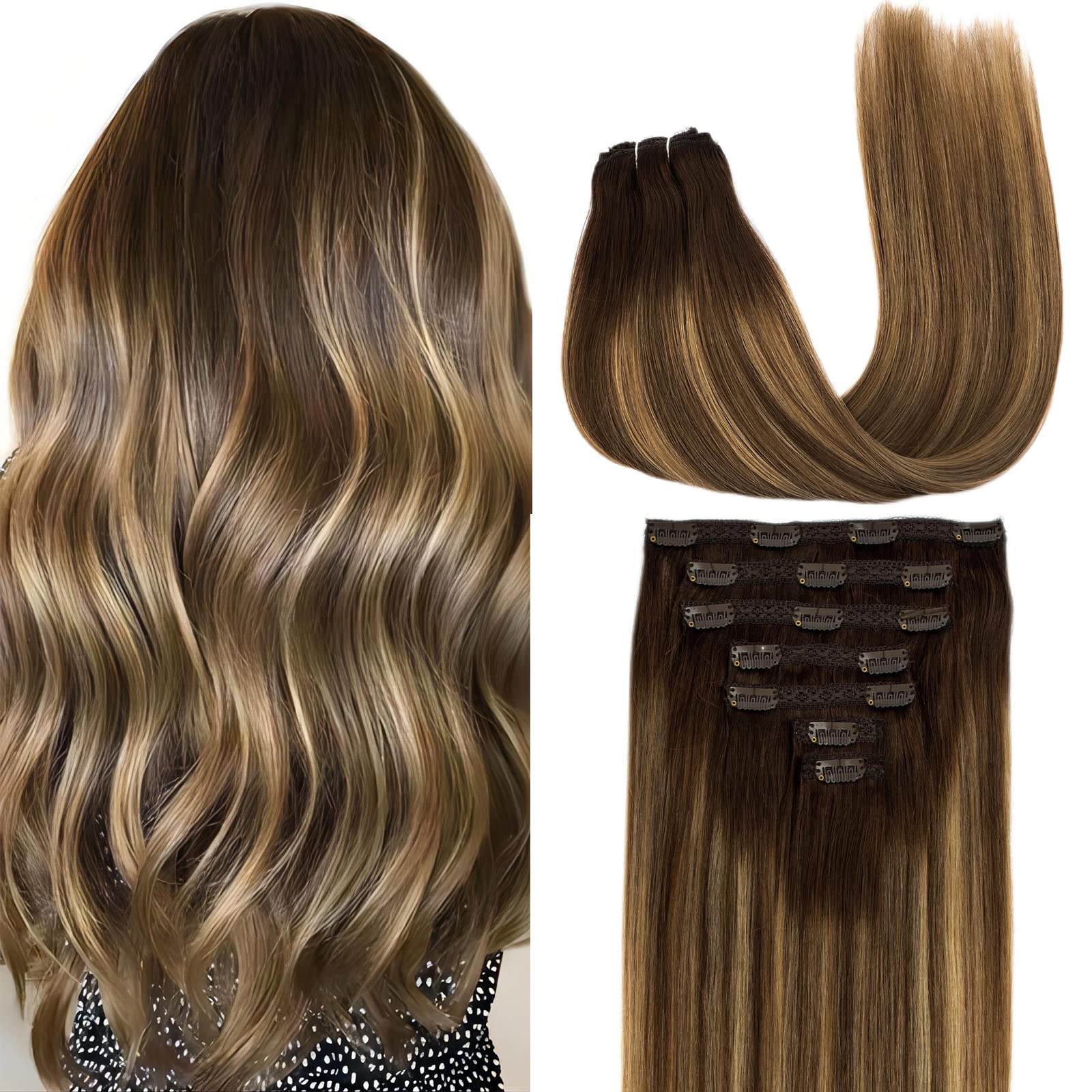 16Inch 120g 7pcs Ombre Clip in Human Hair Extensions - Walnut Brown to Ash Brown & Bleached Blonde - 100% Natural Human Hair for Volume & Length - Perfect for Parties, Weddings & Daily Styling