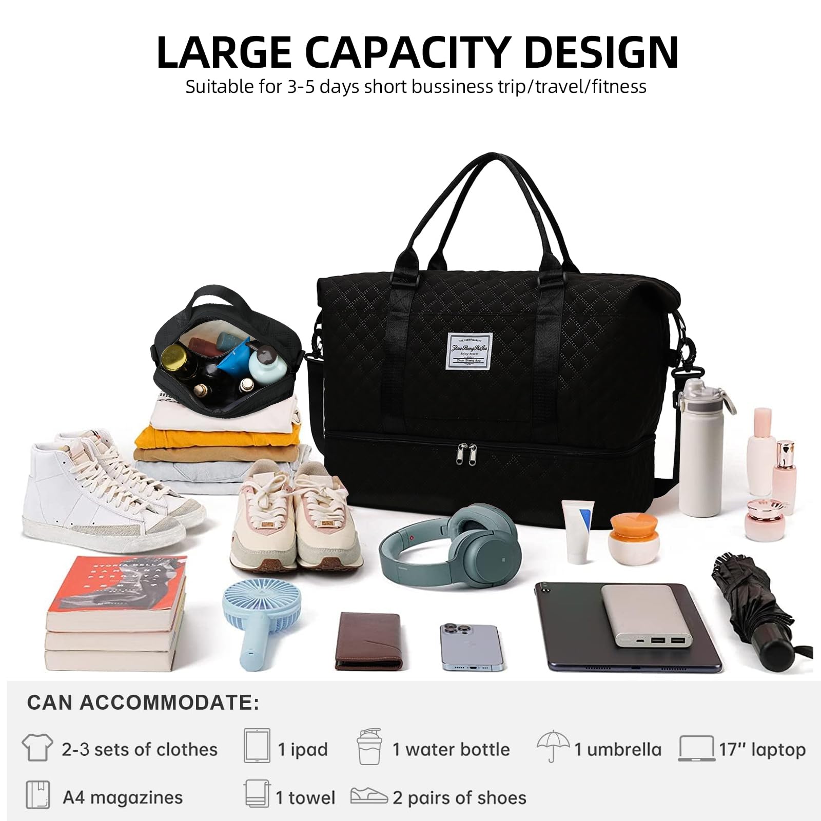 Women's Weekender Duffle Bag with Shoe Compartment - Gym & Travel Carry On for Overnight Trips